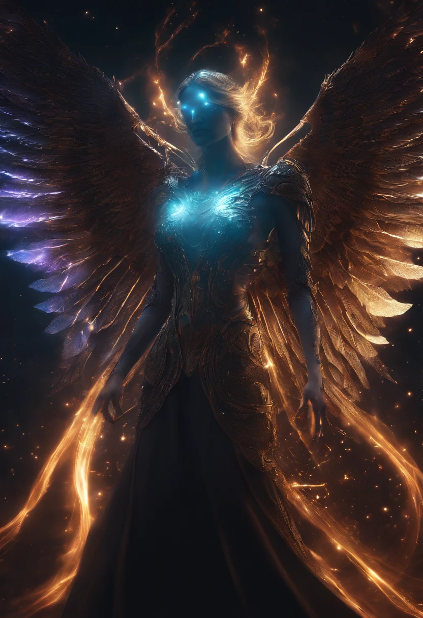Cosmic Fallen Angel, glowing light eyes, Biomechanical, eerie, Creepy, nightmarish, Very bright colors, Light particles, with light glowing, Mshiv, wallpaper art, UHD wallpaper