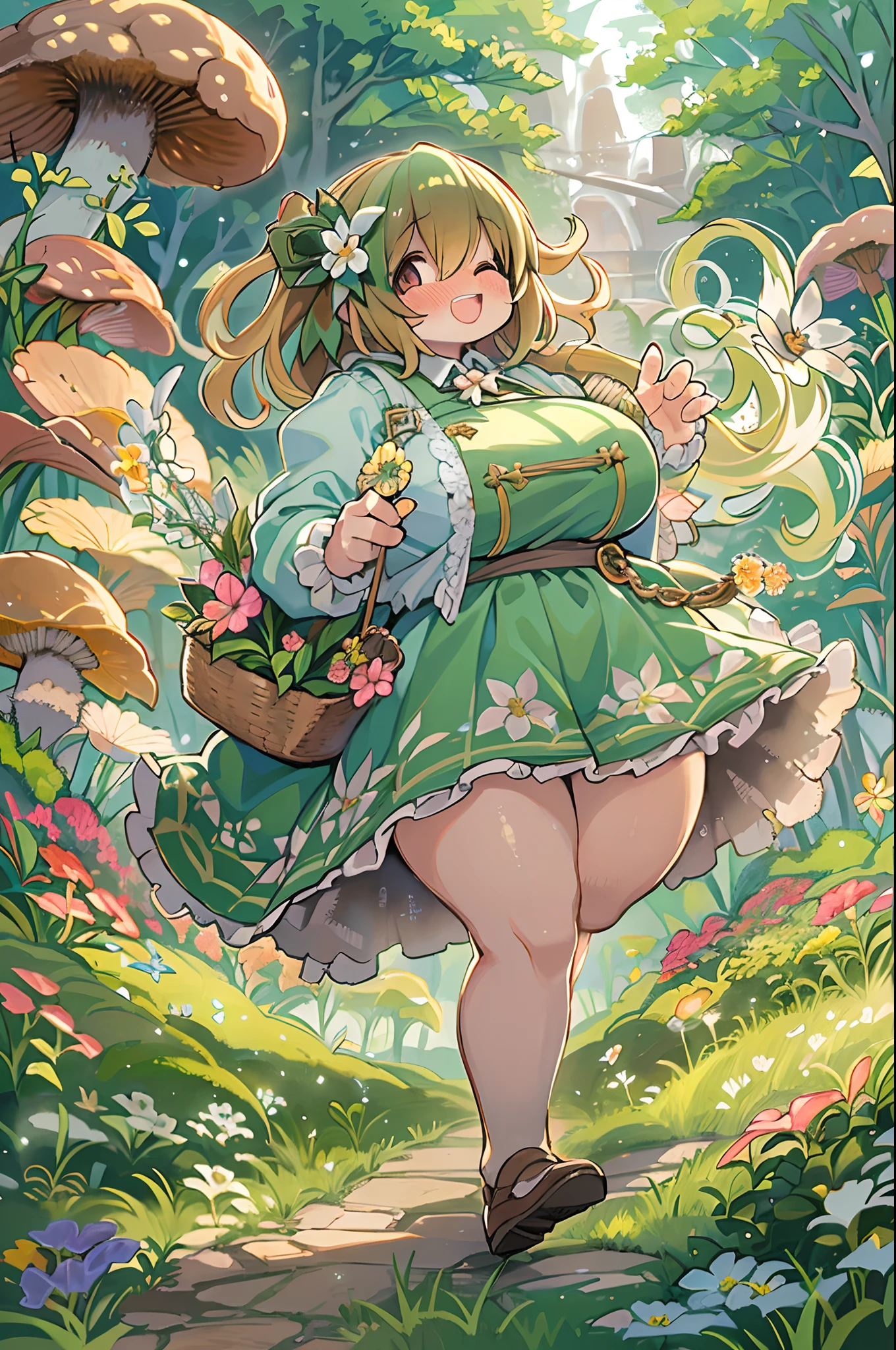 eyesight, (Three Lolitas: 2) Stable diffusion is the best image quality, morning sunlight, Spring landscape, Dew and flowers, flying hair, Live in a fairytale dreamland with mushrooms, trip, Running, and laughing. forest pathway,huge-breasted、bbw,Large Thigh