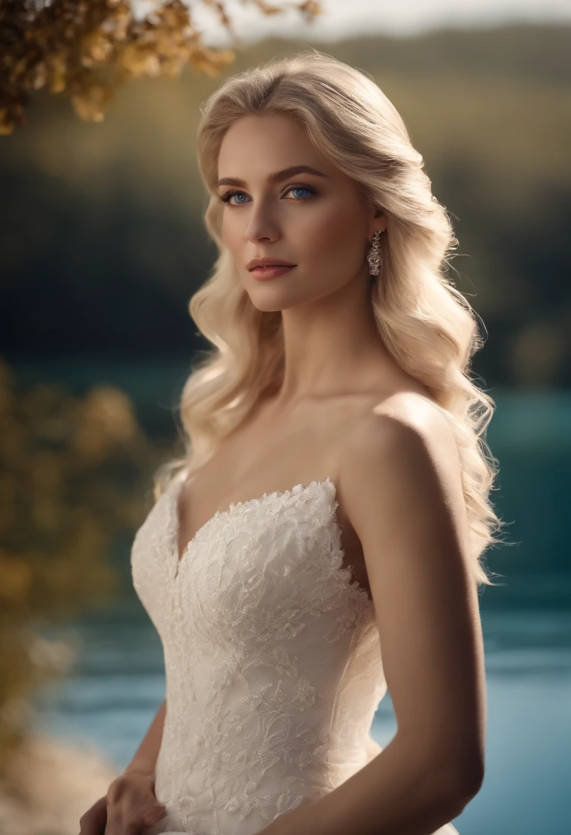 1 beautiful girl, (Realistic:1.3) (full bodyesbian:1.3), standing photo, Stand in front of the blue lake, White wedding dress, Soft dress, blond hairbl, Blue eyes, Wavy hair, Masterpiece, diffused soft lighting, Portrait, Best quality (Perfect face:1.4), Ultra-realistic Highly detailed, Complex and realistic simulation style photos, Cinematic lighting, studio shoot, Elegant Pose