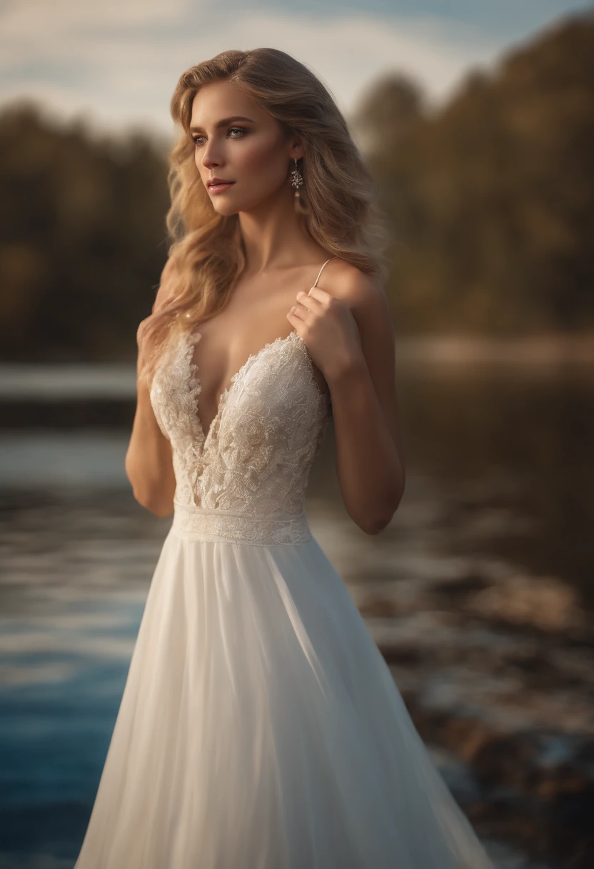 1 beautiful girl, (Realistic:1.3) (full bodyesbian:1.3), standing photo, Stand in front of the blue lake, White wedding dress, Soft dress, blond hairbl, Blue eyes, Wavy hair, Masterpiece, diffused soft lighting, Portrait, Best quality (Perfect face:1.4), Ultra-realistic Highly detailed, Complex and realistic simulation style photos, Cinematic lighting, studio shoot, Elegant Pose