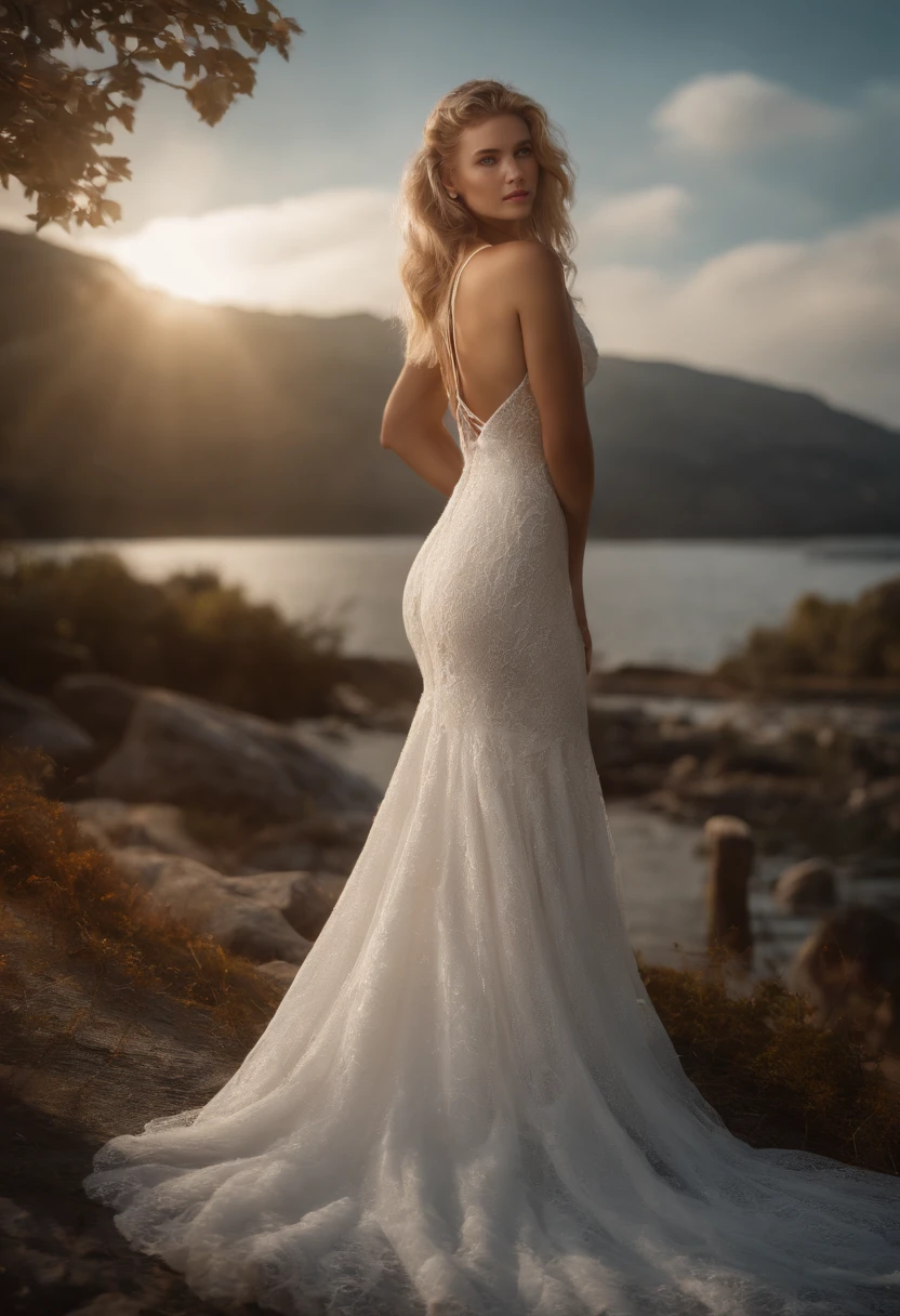 1 beautiful girl, (Realistic:1.3) (full bodyesbian:1.3), standing photo, Stand in front of the blue lake, White wedding dress, Soft dress, blond hairbl, Blue eyes, Wavy hair, Masterpiece, diffused soft lighting, Portrait, Best quality (Perfect face:1.4), Ultra-realistic Highly detailed, Complex and realistic simulation style photos, Cinematic lighting, studio shoot, Elegant Pose