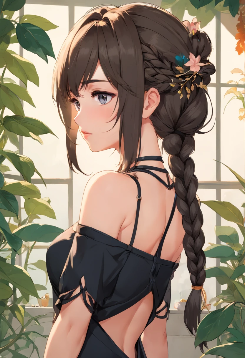 art by Dosso Dossi and Olivier Valsecchi and Franois Boucher and Alphonse Mucha, (masterpiece:1.2), (photorealism:1.2), realistic, best quality, official art, extremely detailed, (1girl:1.2), from behind, bare shoulder, bare back, looking back, solo, beautiful woman, tan skin, long hair, black hair, lipstick, serious, braid, perfect face, big dazzling eyes, upper body, exposed, Sienna sexy black clothes, revealing clothes, detailed ornaments,(Botanical illustration:1.5), shibari bondage, gothic, emo, dark make up