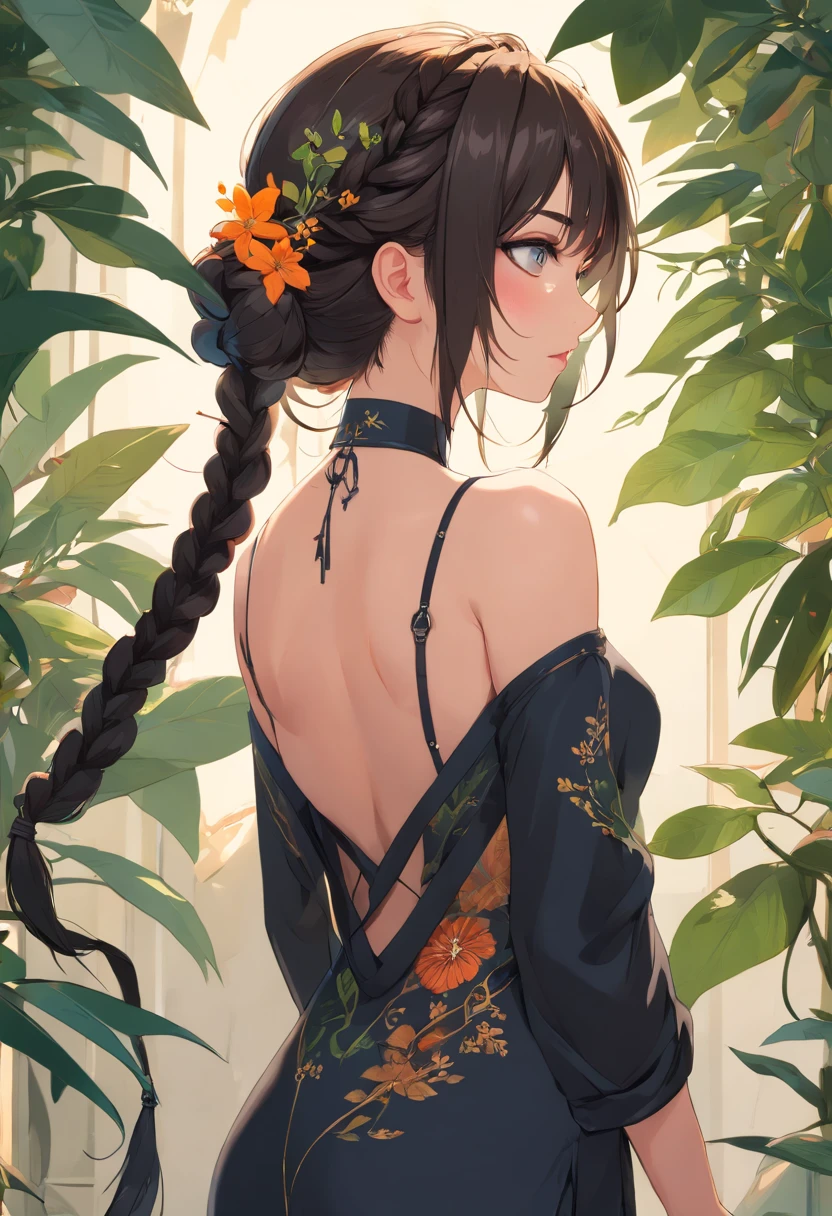 art by Dosso Dossi and Olivier Valsecchi and Franois Boucher and Alphonse Mucha, (masterpiece:1.2), (photorealism:1.2), realistic, best quality, official art, extremely detailed, (1girl:1.2), from behind, bare shoulder, bare back, looking back, solo, beautiful woman, tan skin, long hair, black hair, lipstick, serious, braid, perfect face, big dazzling eyes, upper body, exposed, Sienna sexy black clothes, revealing clothes, detailed ornaments,(Botanical illustration:1.5), shibari bondage, gothic, emo, dark make up