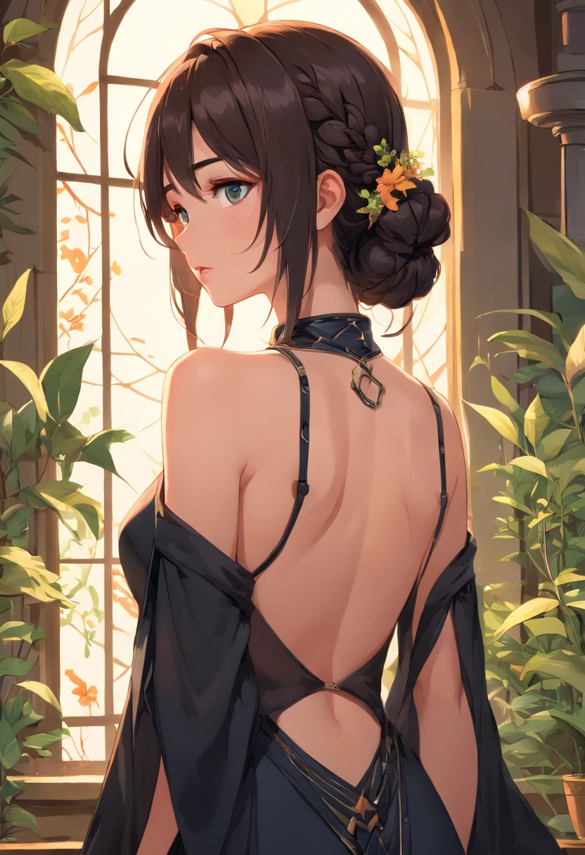 art by Dosso Dossi and Olivier Valsecchi and Franois Boucher and Alphonse Mucha, (masterpiece:1.2), (photorealism:1.2), realistic, best quality, official art, extremely detailed, (1girl:1.2), from behind, bare shoulder, bare back, looking back, solo, beautiful woman, tan skin, long hair, black hair, lipstick, serious, braid, perfect face, big dazzling eyes, upper body, exposed, Sienna sexy black clothes, revealing clothes, detailed ornaments,(Botanical illustration:1.5), shibari bondage, gothic, emo, dark make up