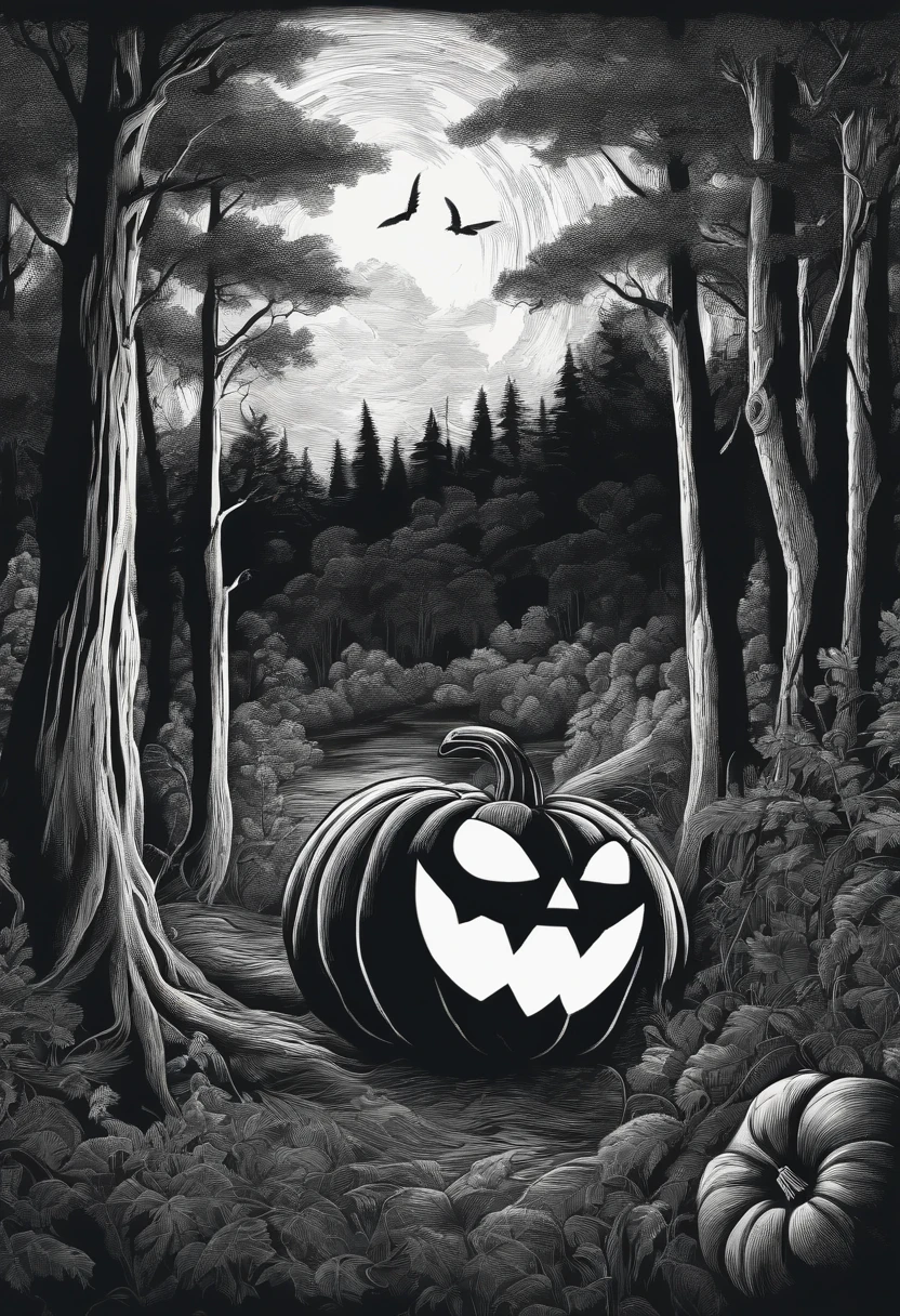 black and white ink drawing of scary pumpkin in a gloomy forest.forest hollow,night time,no cat make trees on left and right bend tword each other