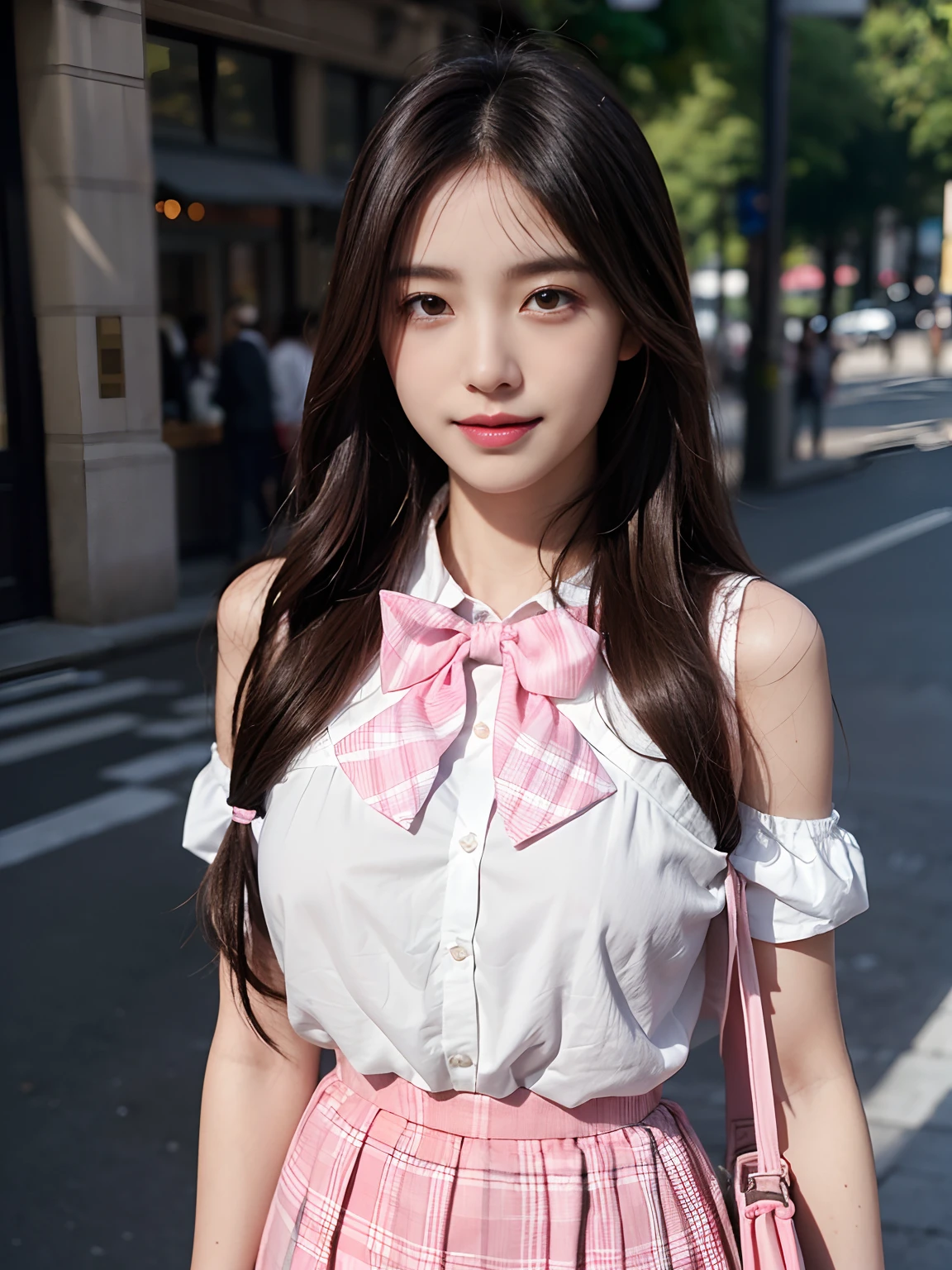 best qualtiy，tmasterpiece，超高分辨率，（真实感：1.4），RAW photogr，1girll，long whitr hair，Face Highlighting，Pure，Girly，Flushing，18yr old，18-year-old smiling female classmate，Pure，Innocent，（best qualtiy，8K，tmasterpiece:1.3），Goose egg face，largeeyes，long eyelasher，Exquisite（live-action realistic style），Star-like eyes，Ultimate face，Photorealistic light and shadow，Clear facial features，Milky white skin，Fair skin， highdetailskin， Realistic skin details， Visible Pore，（Super detail），（perfect bodies：1.1），long whitr hair，（dynamicposes），((Dynamic background((volumettic light：1.3))，Pink plaid skirt，huge tit，White color blouse，Pink plaid bow tie，Street photography，shoulder bags