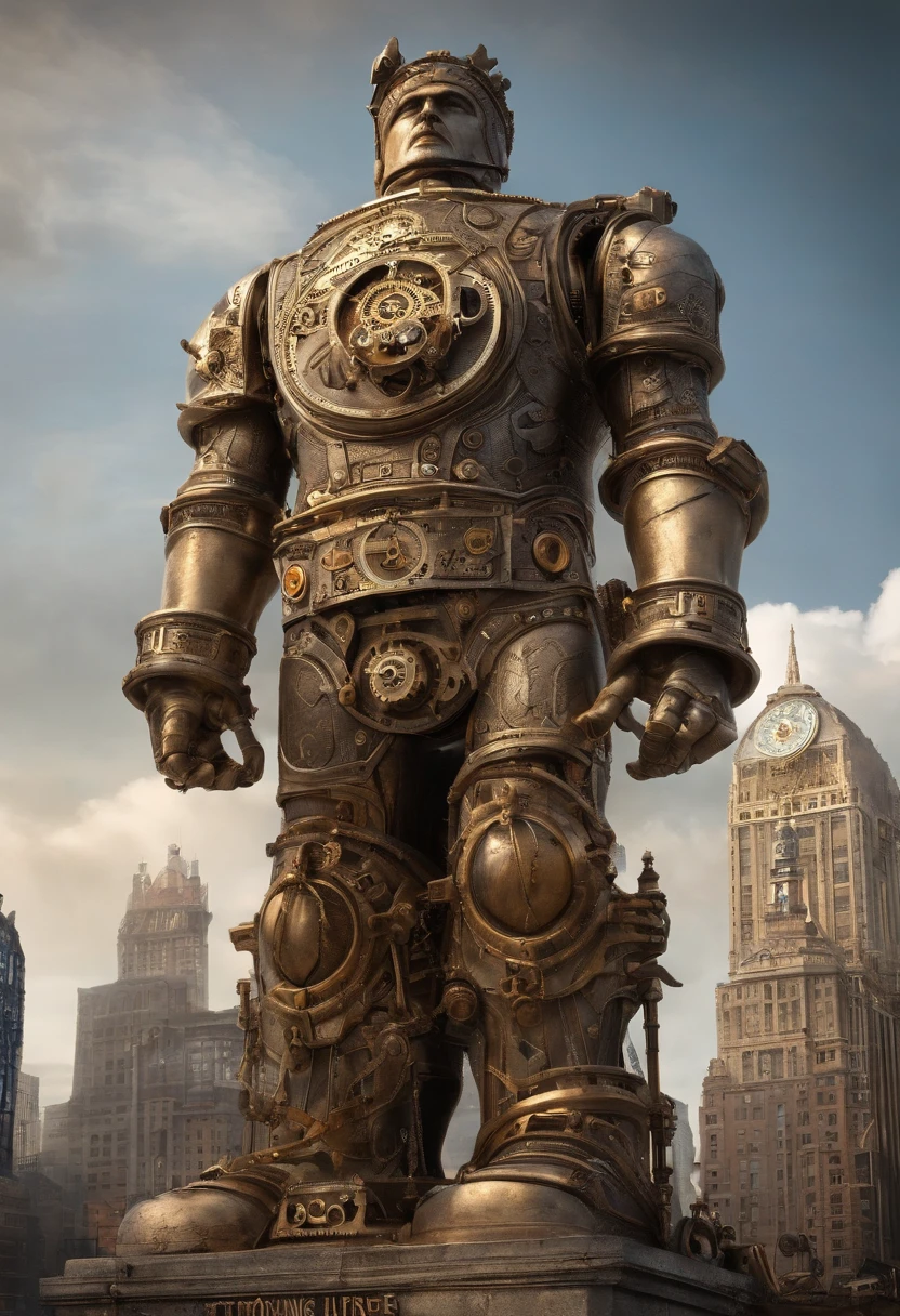 (Giant towering statue upper body:1.5),(Cyberpunk cityscape background:1.2),Ultra-realistic,High quality,high resolution,8K,Masterpiece:1.0),Ultra-detailed,Worshippers on the street:0.8)