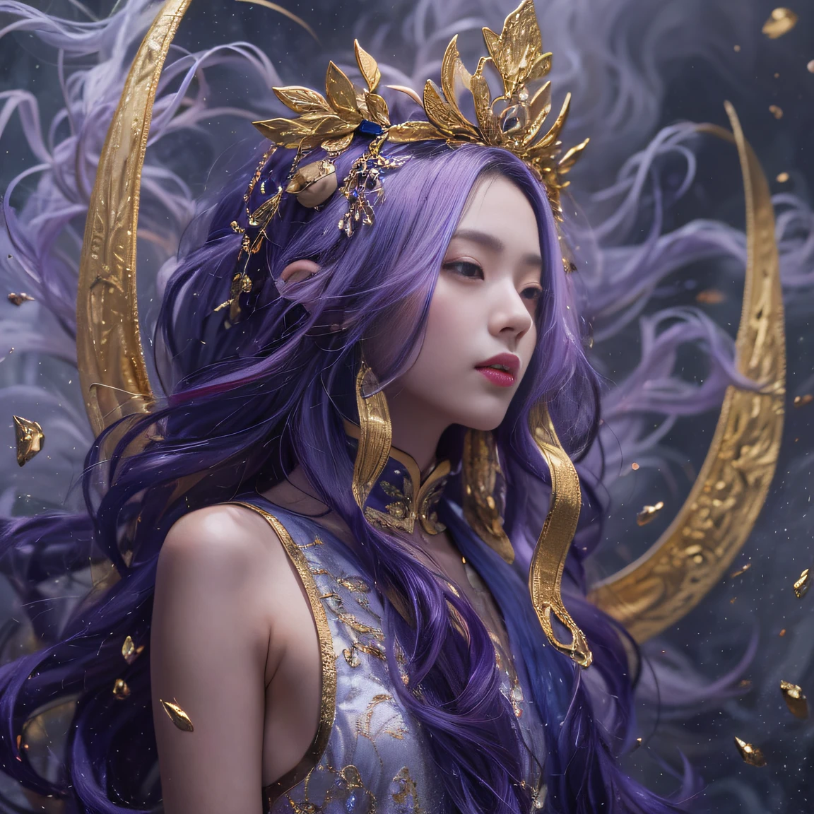Genki Girl 32K（tmasterpiece，k hd，hyper HD，32K）Long flowing bright purple hair，Autumn Pond，zydink， a color， Proud of the Continent （The astronaut）， （Black and gold scarf）， Combat posture， looking at the ground， long whitr hair， Floating bright purple， Fire cloud pattern gold tiara， Chinese long-sleeved gold silk garment， （Abstract metaverse splash：1.2）， white backgrounid，Lotus vitality protector（realisticlying：1.4），Bright purple hair，Smoke on the road，The background is pure， A high resolution， the detail， RAW photogr， Sharp Re， Nikon D850 Film Stock Photo by Jefferies Lee 4 Kodak Portra 400 Camera F1.6 shots, Rich colors, ultra-realistic vivid textures, Dramatic lighting, Unreal Engine Art Station Trend, cinestir 800，A girl with long flowing bright purple hair