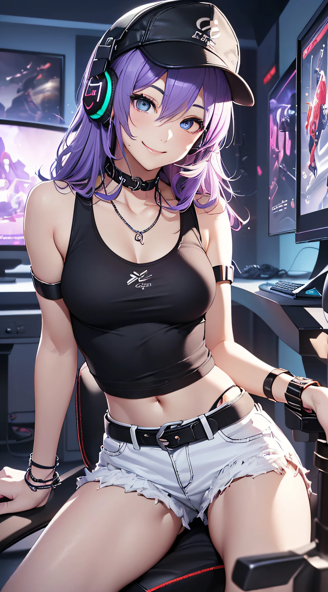top-quality、Top image quality、masterpiece、girl with((18year old、Cool hat、Tattoo on the right shoulder、Black Navel Tank Top、White shorts、Best Bust、Bust 85、Purple hair、Longhaire、Blue eyes、open chest wide、Happiness、Chain Accessories、Black wristband on wrist、sit a chair、A slender、A smile、Have a controller、sexypose、gaming headphone、close to viewer))hiquality、visualart、Magazine cover style、Background with((Neon colored room、Gaming PC、Gaming Desk、Gaming Chair、Gaming bed、gaming console))、masutepiece、Depth(lightning bolt)