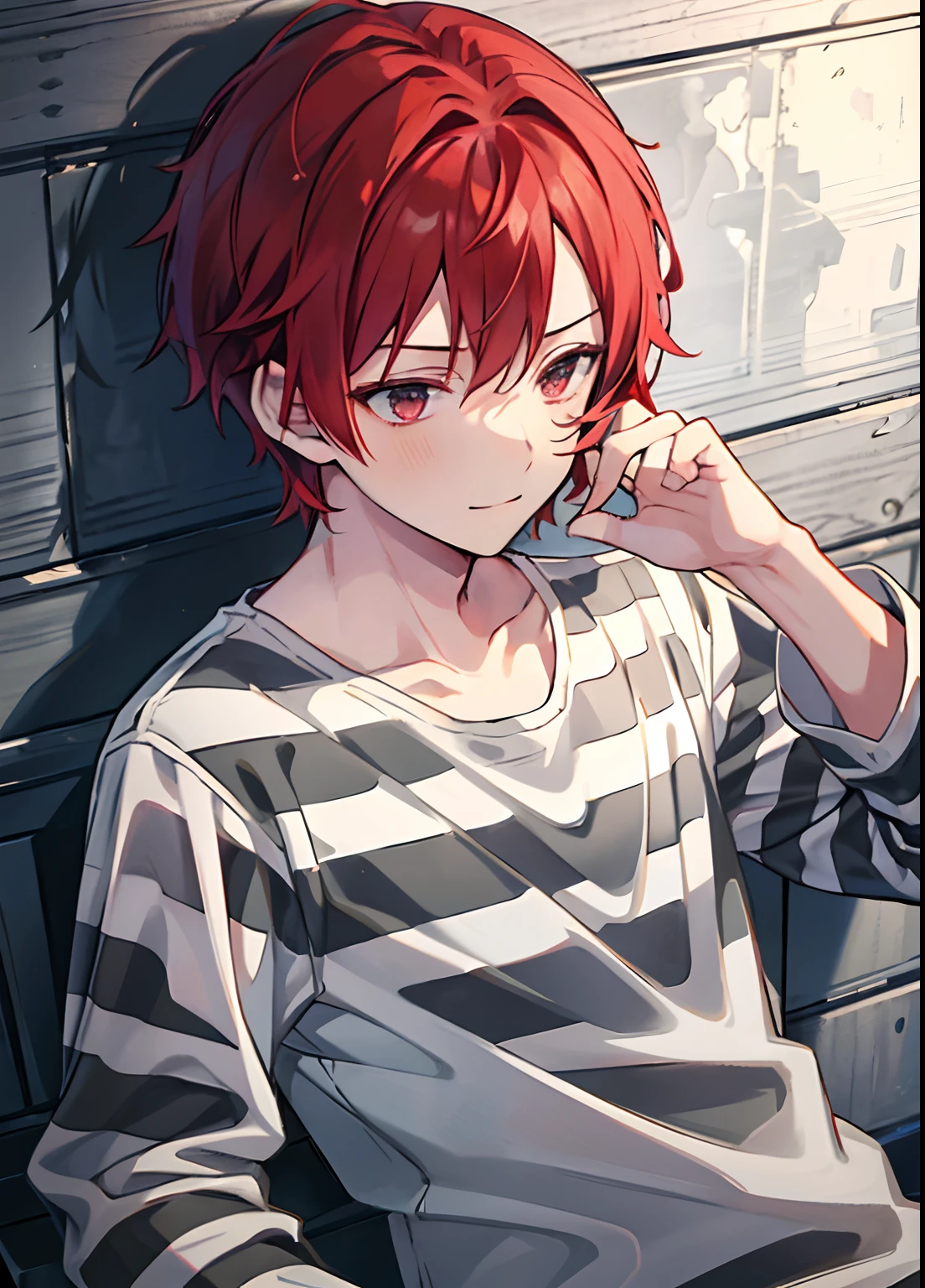 1boy, Handsome man, Solo,Very short red hair, red hair, up looking_で_viewer, ((masutepiece,Best Quality)), Beautiful detailed eyes, beautifull detailed face、Sleepy face、sleepy expression、A slight smile, (((priclothes))), (((striped clothes))), shirt, outfit, (long sleeves), prisoner, clothes, clothing, black and white stripes, prison cell, young
