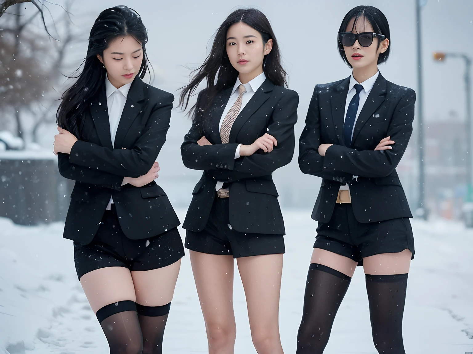 A Japanese Lady、beauitful face、Black sunglasses、Long black hair、black suits、Micro shorts、beauty legs、Raw feet、Tall、long legged、knee high stockings、arms in arms、Oyuki、snow blowing、snow cover、heavy wind、Hair disheveled by the wind、Visibility is poor due to heavy snow