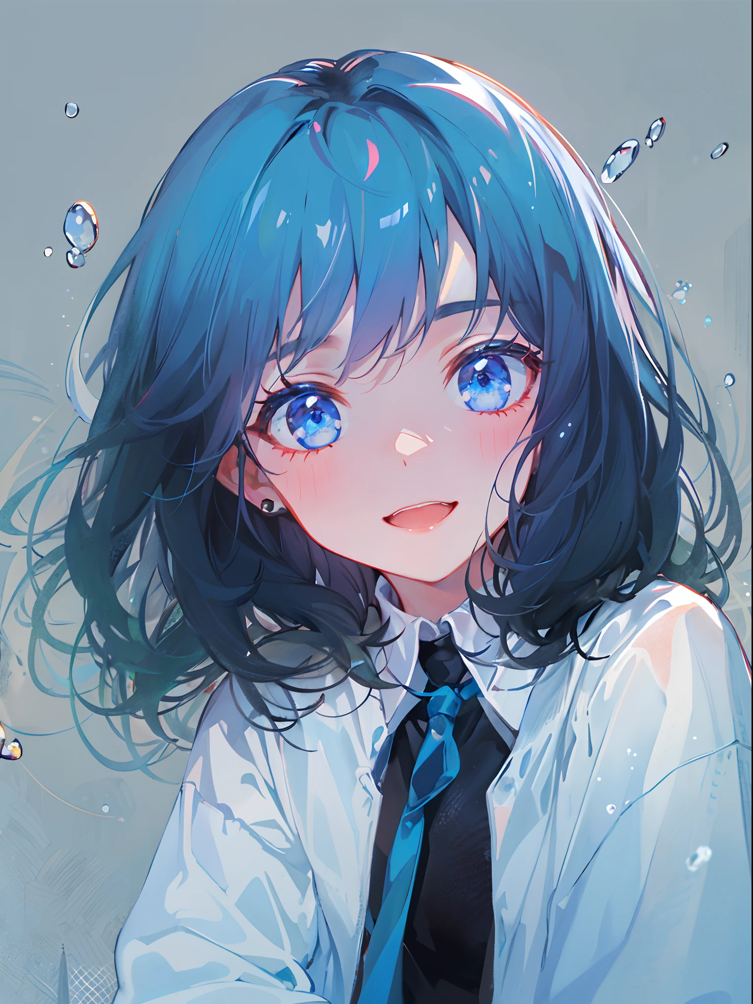 ((top-quality)), ((​masterpiece)), ((ultra-detailliert)), (extremely delicate and beautiful), girl with, 独奏, cold attitude,((Black jacket)),She is very(relax)with  the(Settled down)Looks,A dark-haired, depth of fields,evil smile,Bubble, under the water, Air bubble,bright light blue eyes,Inner color with black hair and light blue tips,Cold background,Bob Hair - Linear Art, shortpants、knee high socks、White uniform like school uniform、Light blue ribbon ties、Clothes are sheer、Hands in pockets、Bright eyes like sapphires,  flourescent blue,
