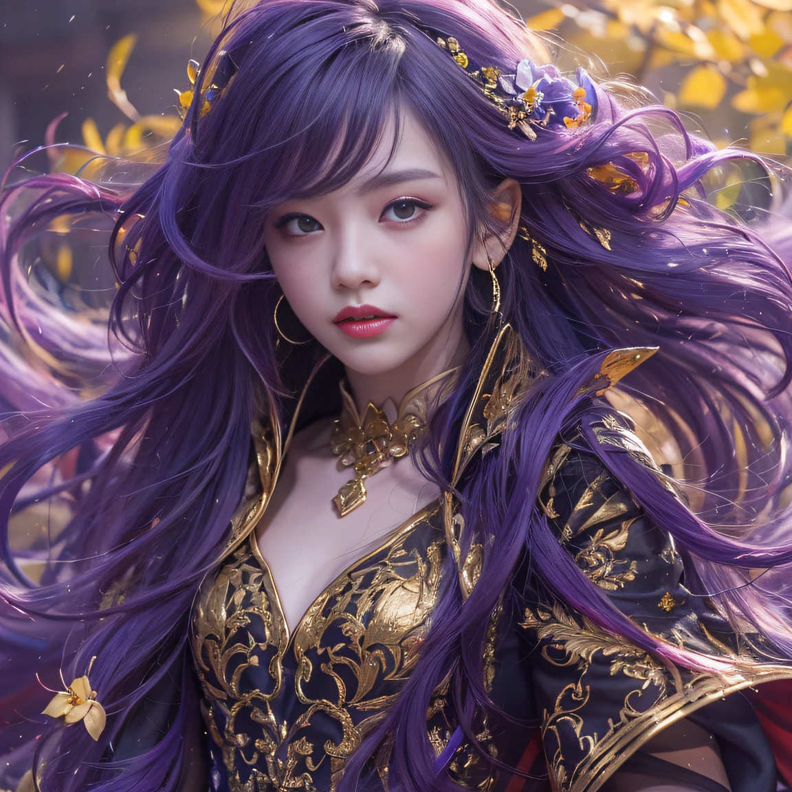 Genki Girl 32K（tmasterpiece，k hd，hyper HD，32K）Long flowing bright purple hair，Autumn Pond，zydink， a color， Proud of the Continent （The astronaut）， （Black and gold scarf）， Combat posture， looking at the ground， long whitr hair， Floating bright purple， Fire cloud pattern gold tiara， Chinese long-sleeved gold silk garment， （Abstract metaverse splash：1.2）， white backgrounid，Lotus vitality protector（realisticlying：1.4），Bright purple hair，Smoke on the road，The background is pure， A high resolution， the detail， RAW photogr， Sharp Re， Nikon D850 Film Stock Photo by Jefferies Lee 4 Kodak Portra 400 Camera F1.6 shots, Rich colors, ultra-realistic vivid textures, Dramatic lighting, Unreal Engine Art Station Trend, cinestir 800，A girl with long flowing bright purple hair