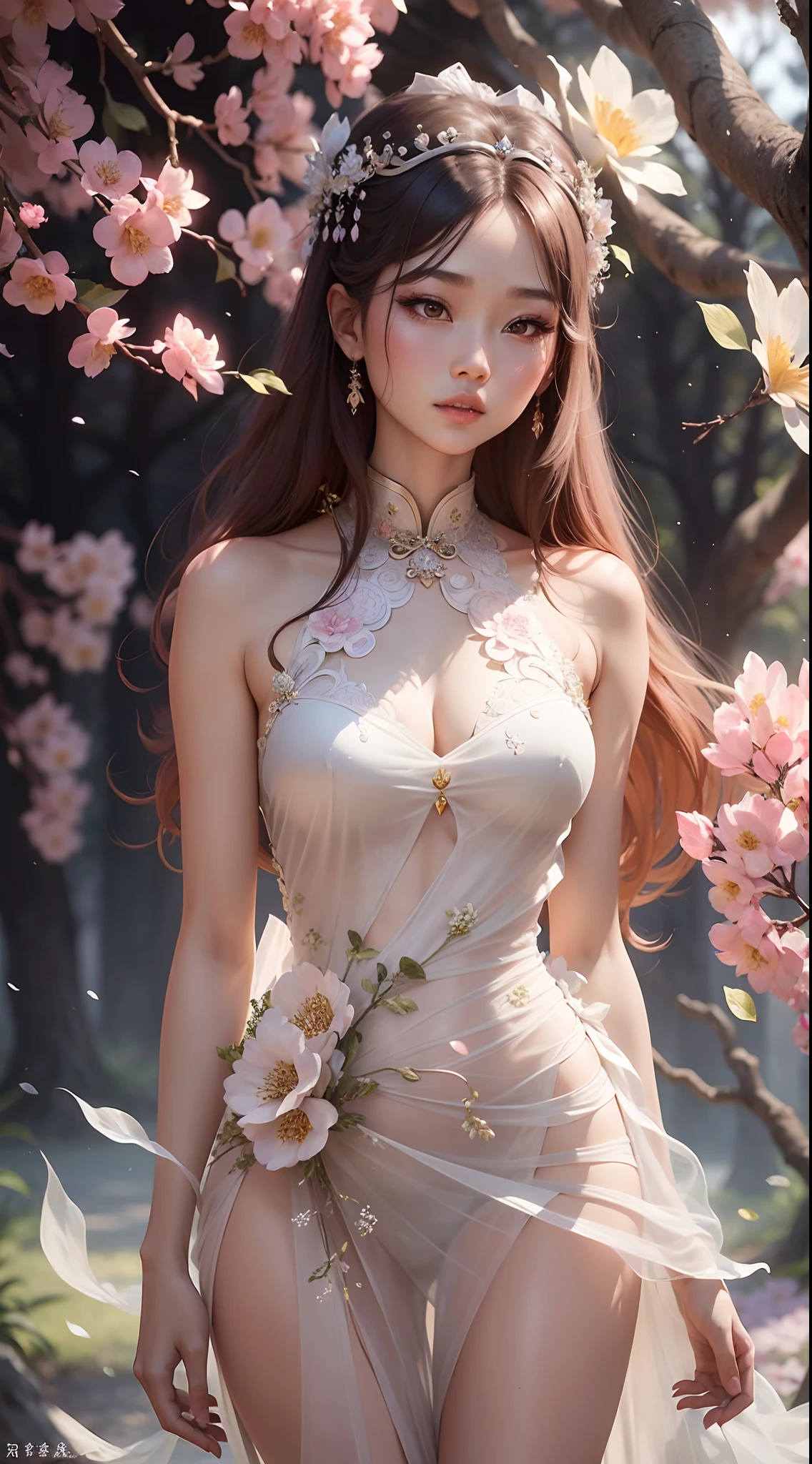 A woman in a dress stands in front of a tree, Ethereal beauty, beautiful female bodies, a stunning young ethereal figure, Cheongsam, Very ethereal, Translucent body, Translucent dress, By Leng Mei, extremely beautiful and ethereal, intricate body, gorgeous chinese models, Oriental fantasy, Incredibly ethereal, flower goddess, Beautiful goddess, ((a beautiful fantasy empress))
