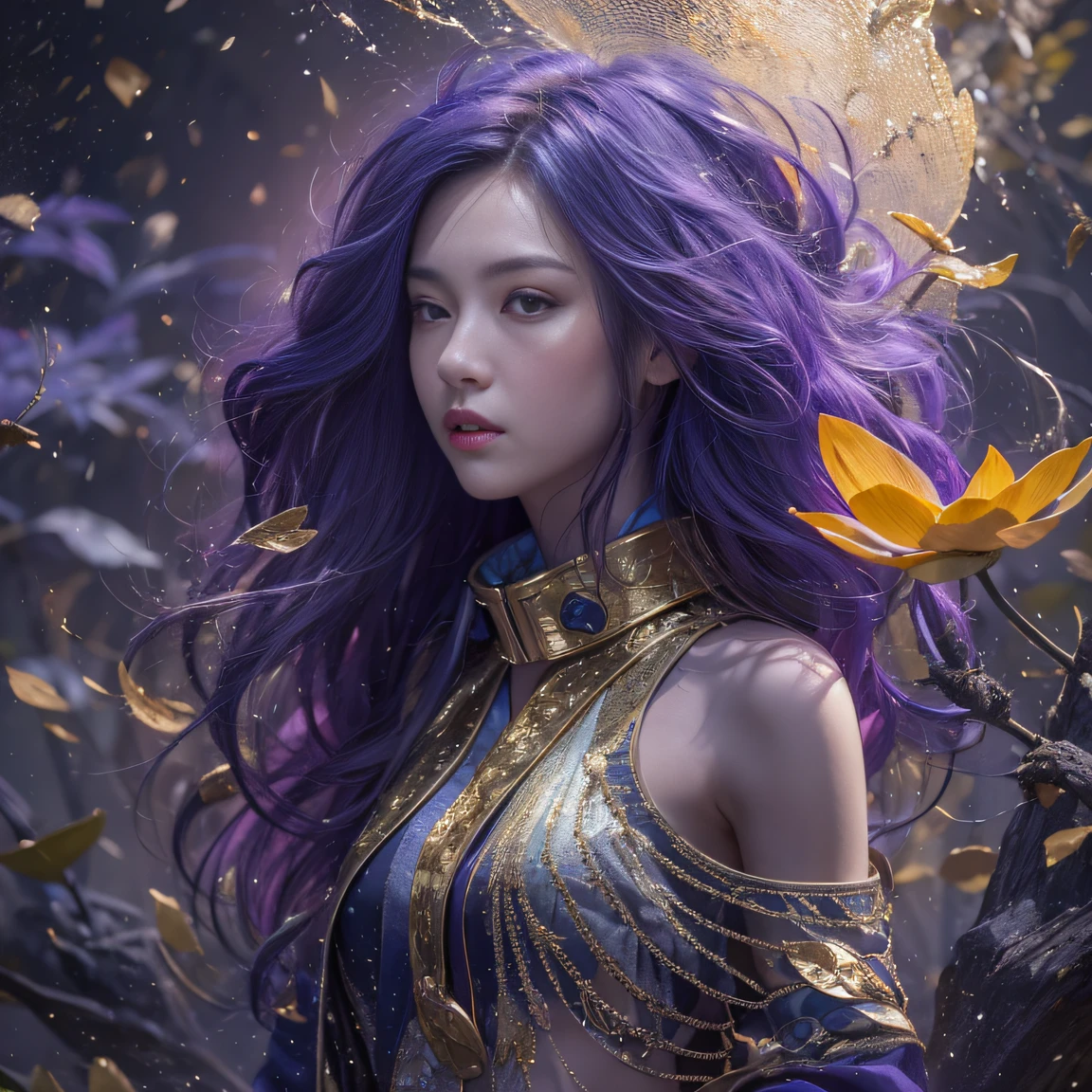 Genki Girl 32K（tmasterpiece，k hd，hyper HD，32K）Long flowing bright purple hair，Autumn Pond，zydink， a color， Proud of the Continent （The astronaut）， （Black and gold scarf）， Combat posture， looking at the ground， long whitr hair， Floating bright purple， Fire cloud pattern gold tiara， Chinese long-sleeved gold silk garment， （Abstract metaverse splash：1.2）， white backgrounid，Lotus vitality protector（realisticlying：1.4），Bright purple hair，Smoke on the road，The background is pure， A high resolution， the detail， RAW photogr， Sharp Re， Nikon D850 Film Stock Photo by Jefferies Lee 4 Kodak Portra 400 Camera F1.6 shots, Rich colors, ultra-realistic vivid textures, Dramatic lighting, Unreal Engine Art Station Trend, cinestir 800，A girl with long flowing bright purple hair