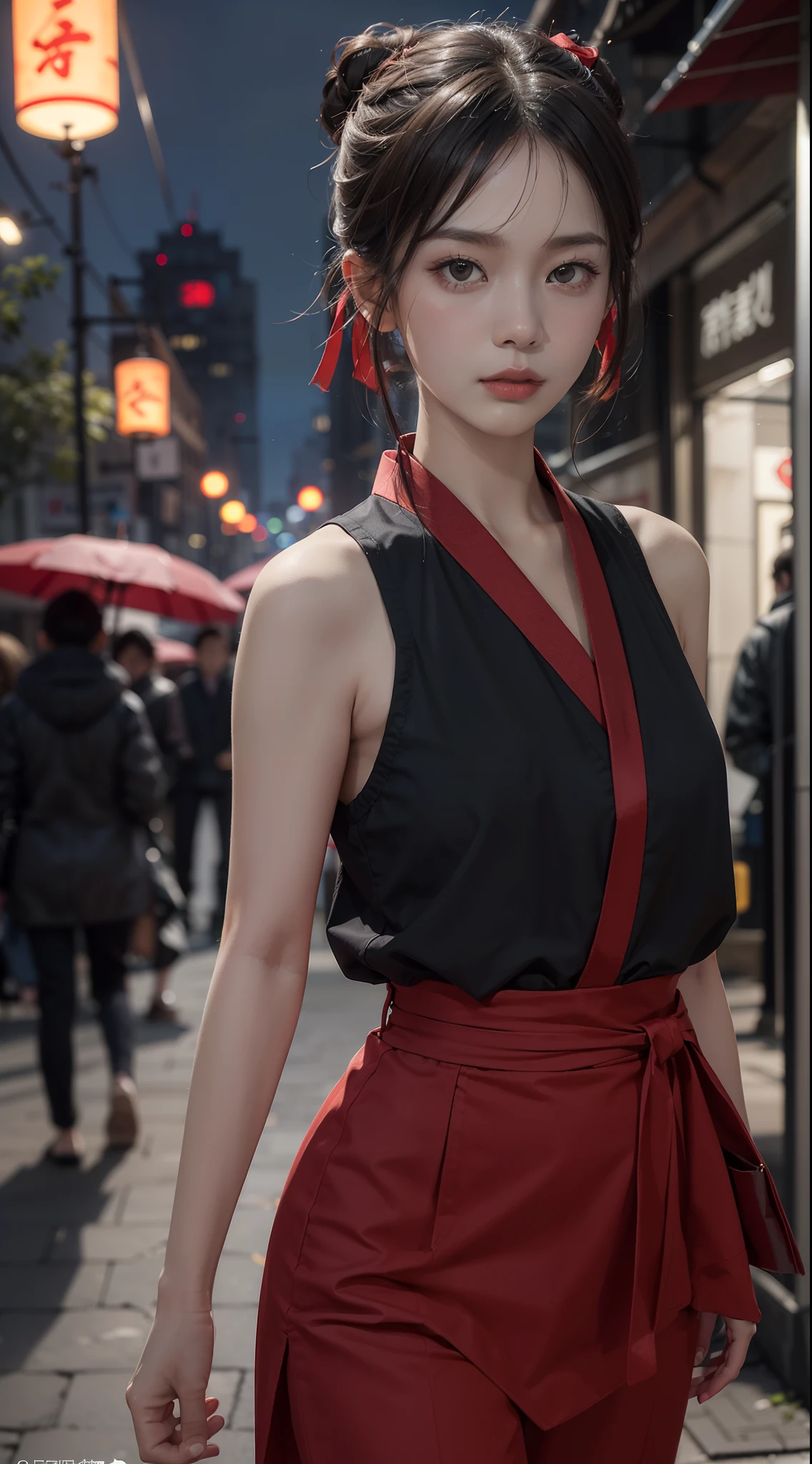 (detailed hair and clothes), (front view, looking at camera), surreal portrait of a 28-year-old chinese woman walking a city walkway at night, (night), (dark brown eyes), pale skin, long black hair with a bun, red ribbon on bun, ((she's wearing a black and red hanfu)), photorealistic overall, light and shadow tracing, rich details, outdoors, ((blurry cityscape in the background)), (most beautiful form of chaos), (realistic portrait), 8k, very detailed, realistic, ultrarealistic super detailed, beautiful quality, masterpiece, best quality, ray tracing, high-contrast, vibrant color, dynamic angle, look at viewer, golden ratio, perfrct body,