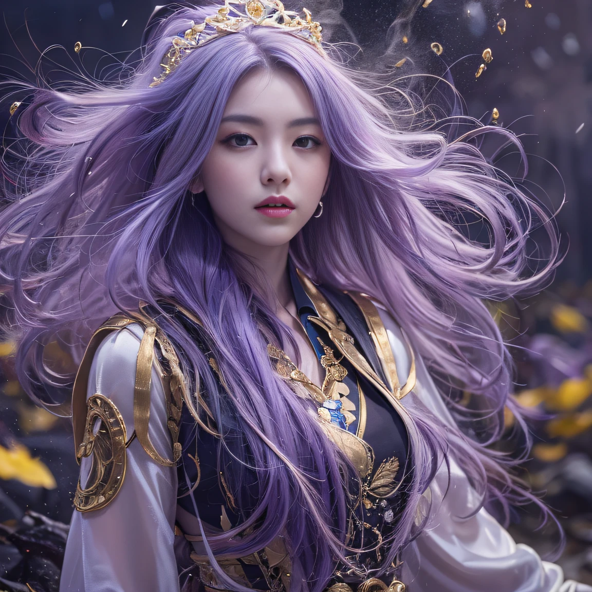 Genki Girl 32K（tmasterpiece，k hd，hyper HD，32K）Long flowing bright purple hair，Autumn Pond，zydink， a color， Proud of the Continent （The astronaut）， （Black and gold scarf）， Combat posture， looking at the ground， long whitr hair， Floating bright purple， Fire cloud pattern gold tiara， Chinese long-sleeved gold silk garment， （Abstract metaverse splash：1.2）， white backgrounid，Lotus vitality protector（realisticlying：1.4），Bright purple hair，Smoke on the road，The background is pure， A high resolution， the detail， RAW photogr， Sharp Re， Nikon D850 Film Stock Photo by Jefferies Lee 4 Kodak Portra 400 Camera F1.6 shots, Rich colors, ultra-realistic vivid textures, Dramatic lighting, Unreal Engine Art Station Trend, cinestir 800，A girl with long flowing bright purple hair
