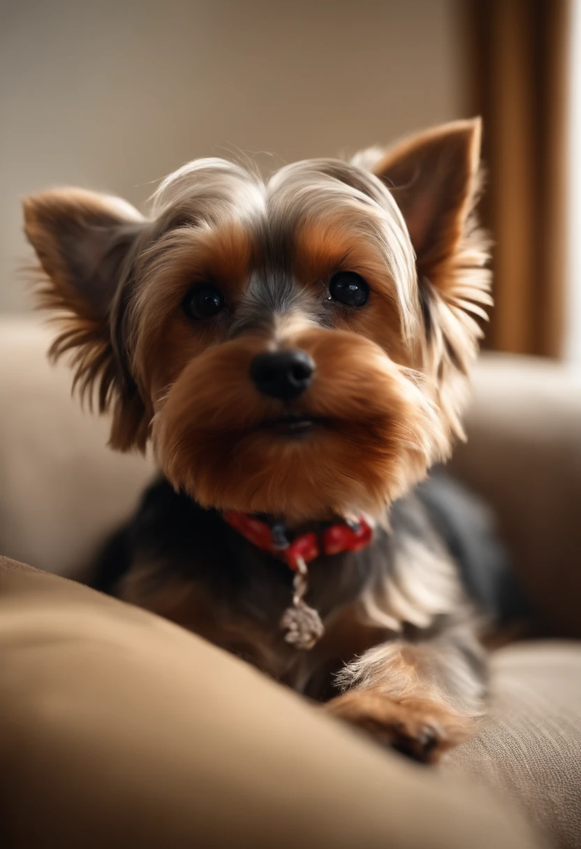 Create a Yorkshire Terrier by biting a sofa, em uma sala linda e aconchegante