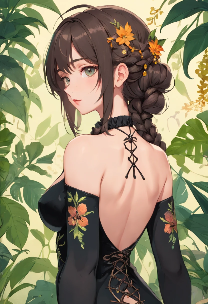 art by Dosso Dossi and Olivier Valsecchi and Franois Boucher and Alphonse Mucha, (masterpiece:1.2), (photorealism:1.2), realistic, best quality, official art, extremely detailed, (1girl:1.2), ???????????, ???? shoulder, ???? back, looking back, solo, beautiful woman, tan skin, long hair, black hair, lipstick, serious, braid, perfect face, big dazzling eyes, upper body, exposed, Sienna ???? black clothes, revealing clothes, detailed ornaments,(Botanical illustration:1.5), ??????? bondage, gothic, emo, dark make up