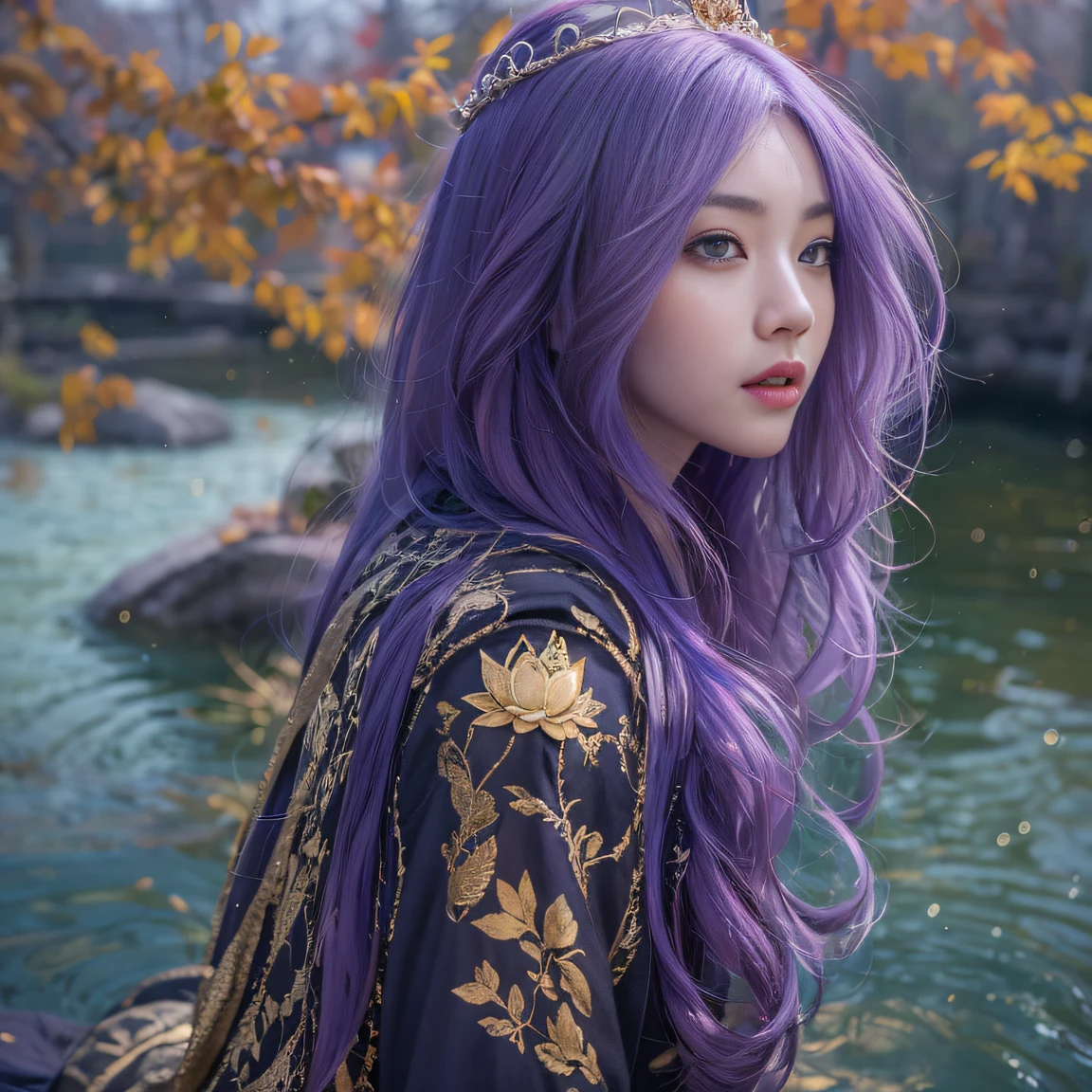 Genki Girl 32K（tmasterpiece，k hd，hyper HD，32K）Long flowing bright purple hair，Autumn Pond，zydink， a color， Proud of the Continent （The astronaut）， （Black and gold scarf）， Combat posture， looking at the ground， long whitr hair， Floating bright purple， Fire cloud pattern gold tiara， Chinese long-sleeved gold silk garment， （Abstract metaverse splash：1.2）， white backgrounid，Lotus vitality protector（realisticlying：1.4），Bright purple hair，Smoke on the road，The background is pure， A high resolution， the detail， RAW photogr， Sharp Re， Nikon D850 Film Stock Photo by Jefferies Lee 4 Kodak Portra 400 Camera F1.6 shots, Rich colors, ultra-realistic vivid textures, Dramatic lighting, Unreal Engine Art Station Trend, cinestir 800，A girl with long flowing bright purple hair