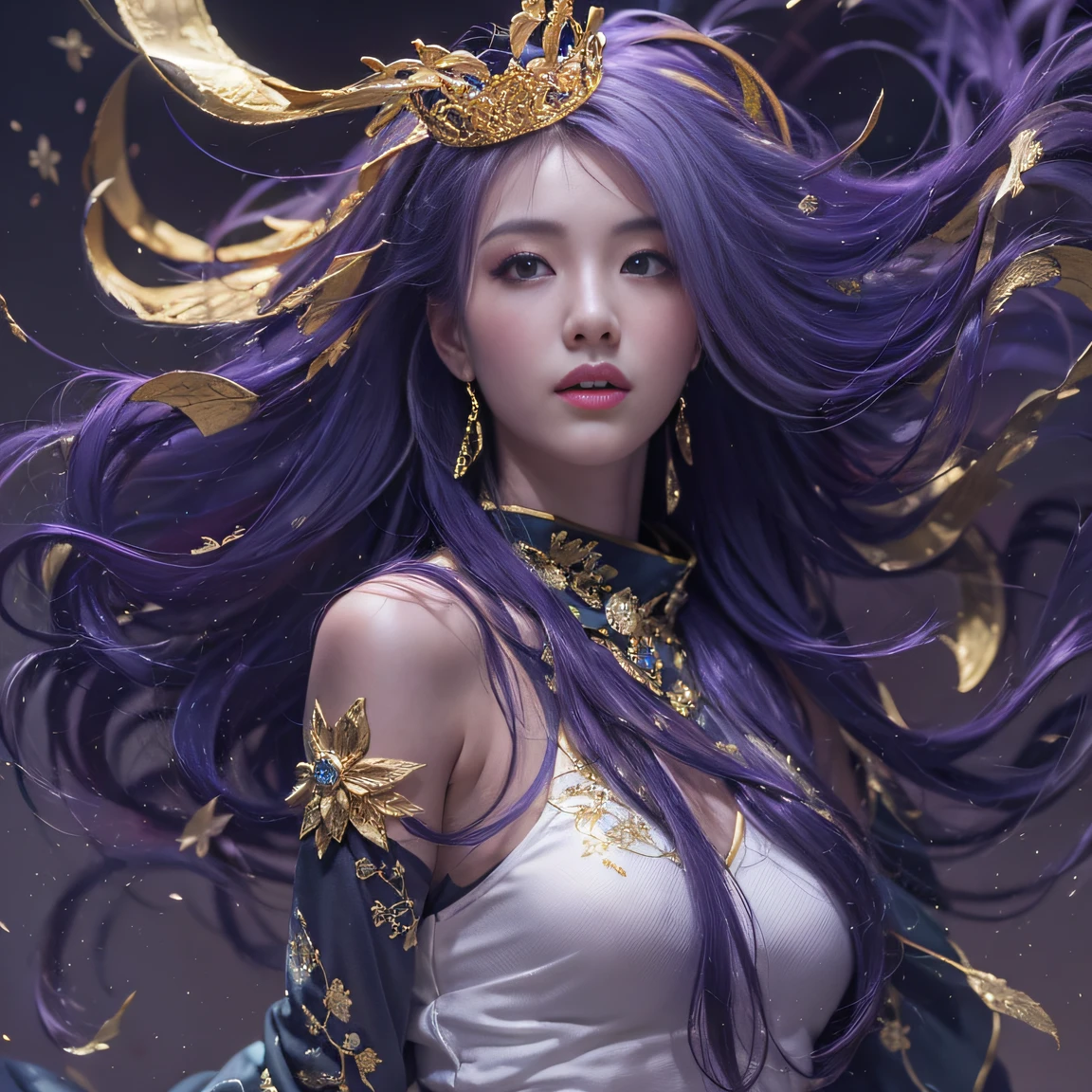 Genki Girl 32K(tmasterpiece,k hd,hyper HD,32K)Long flowing bright purple hair,Autumn Pond,zydink, a color, Proud of the Continent (The astronaut), (Black and gold scarf), Combat posture, looking at the ground, long whitr hair, Floating bright purple, Fire cloud pattern gold tiara, Chinese long-sleeved gold silk garment, (Abstract metaverse splash:1.2), white backgrounid,Lotus vitality protector(realisticlying:1.4),Bright purple hair,Smoke on the road,The background is pure, A high resolution, the detail, RAW photogr, Sharp Re, Nikon D850 Film Stock Photo by Jefferies Lee 4 Kodak Portra 400 Camera F1.6 shots, Rich colors, ultra-realistic vivid textures, Dramatic lighting, Unreal Engine Art Station Trend, cinestir 800,A girl with long flowing bright purple hair