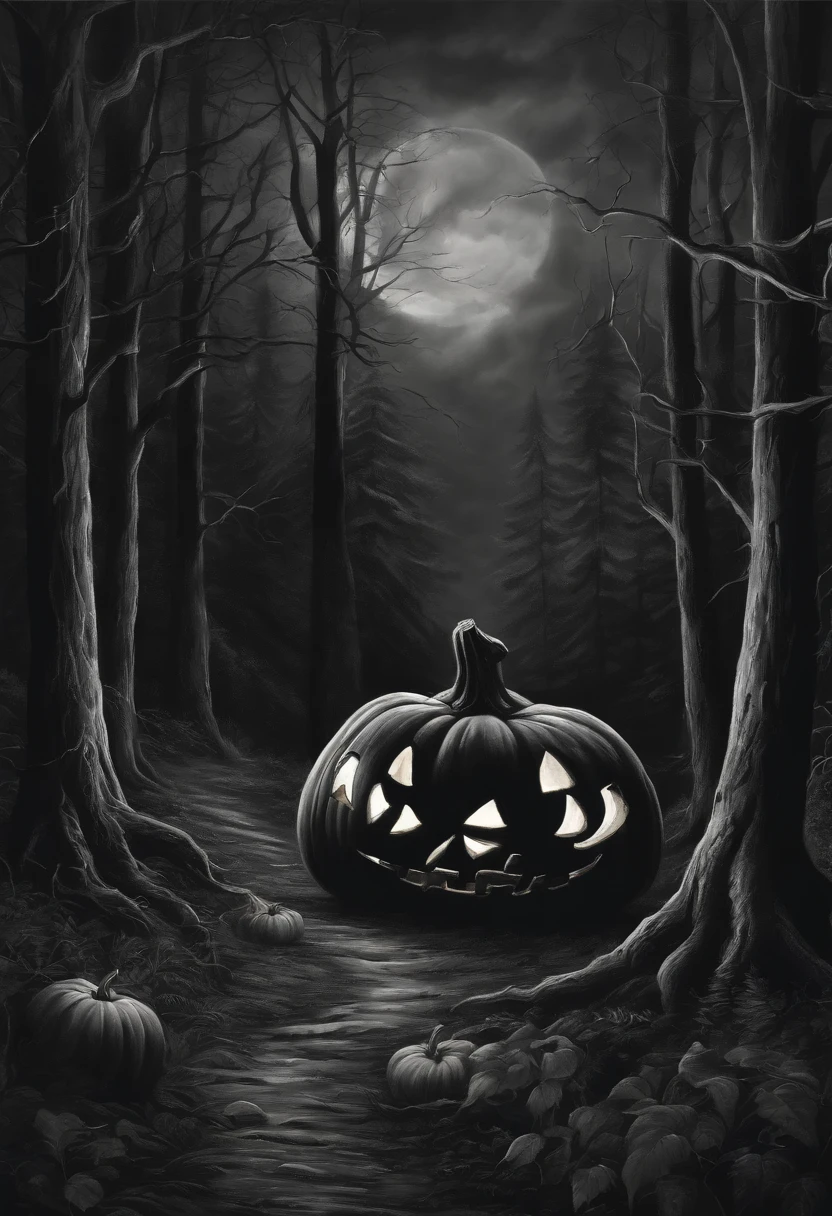 black and white oil painting of scary pumpkin in a gloomy forest.forest hollow,night time,no cat make trees on left and right bend tword each other