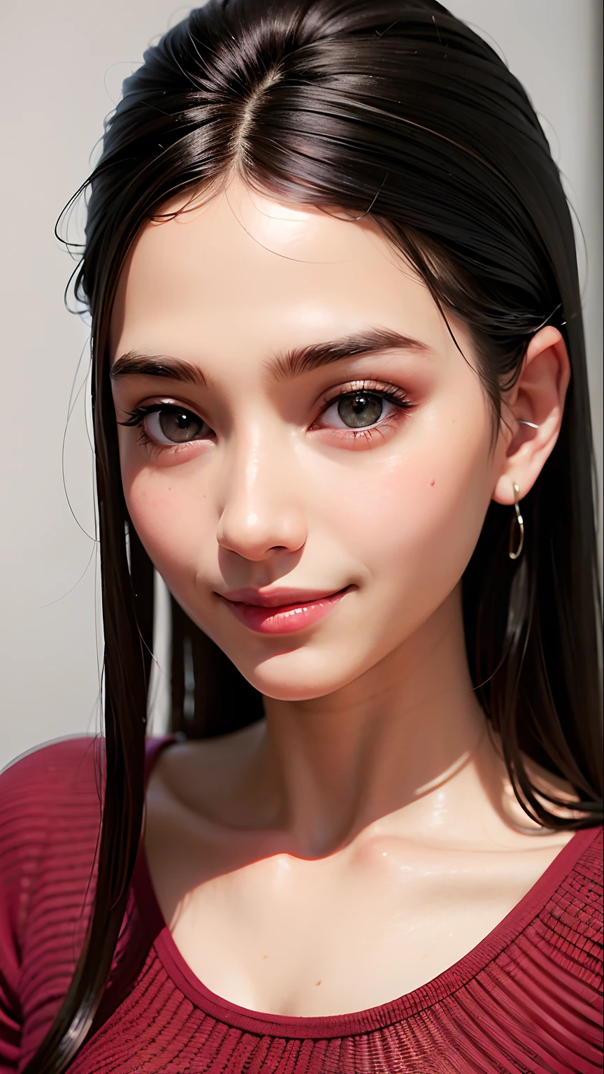 (best quality,ultra realistic,hd,realistic:1.37),cute smile,long thick hair,big eyes,big eyelashes,small lips,thin nose,black hair