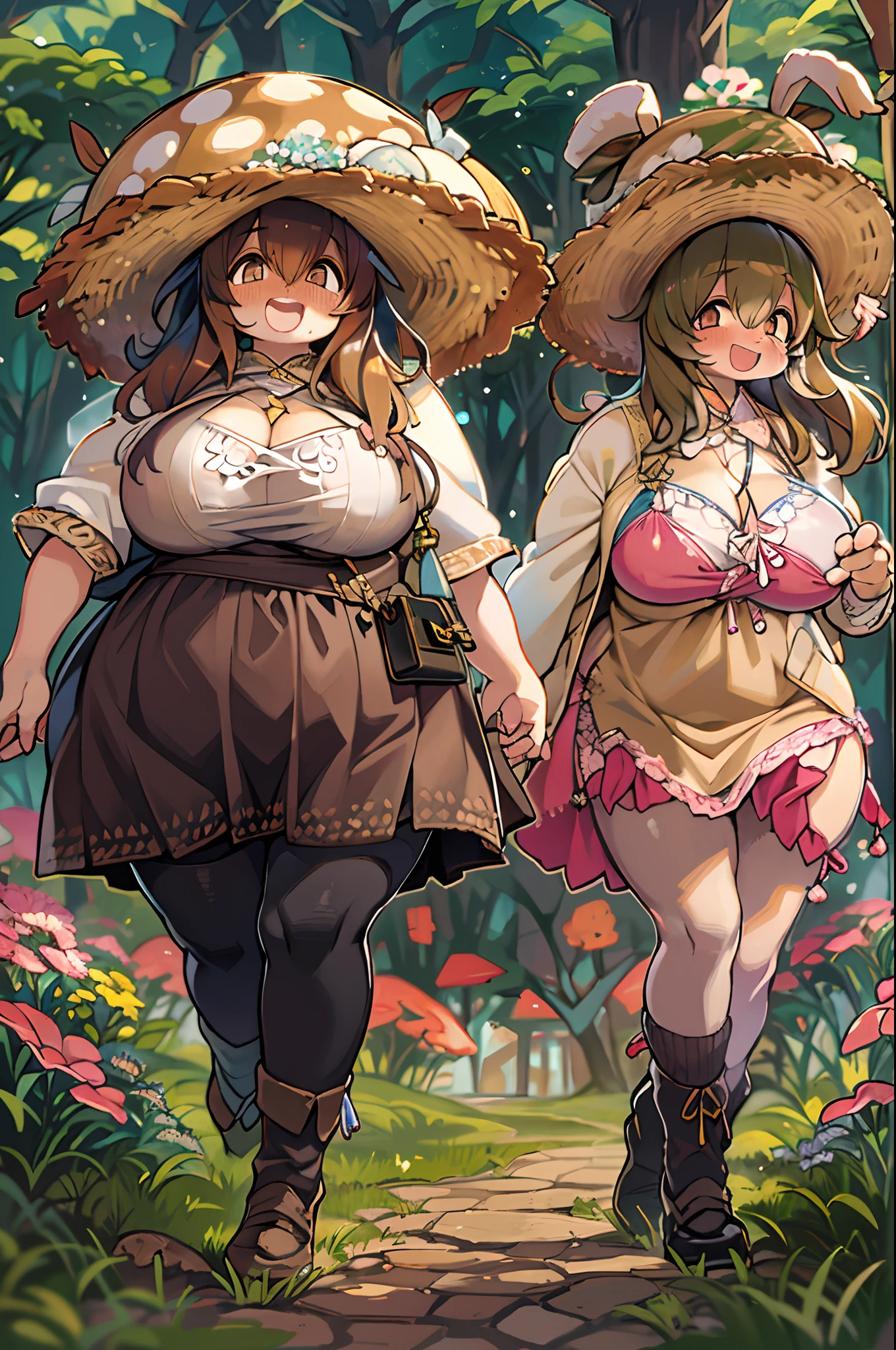 eyesight, (Three tas: 2) Stable diffusion is the best image quality, morning sunlight, Spring landscape, Dew and flowers, flying hair, Live in a fairytale dreamland with mushrooms, trip, Running, and laughing. forest pathway,huge-breasted、bbw,Large Thigh