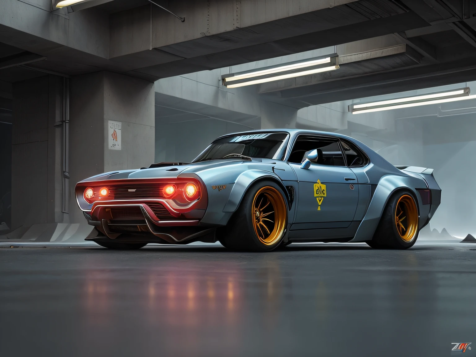 ((futuristic cyberpunk hotrod zeekars))(With luminous tires)of 3/4 front view of a,at the parking lot,With mythological features