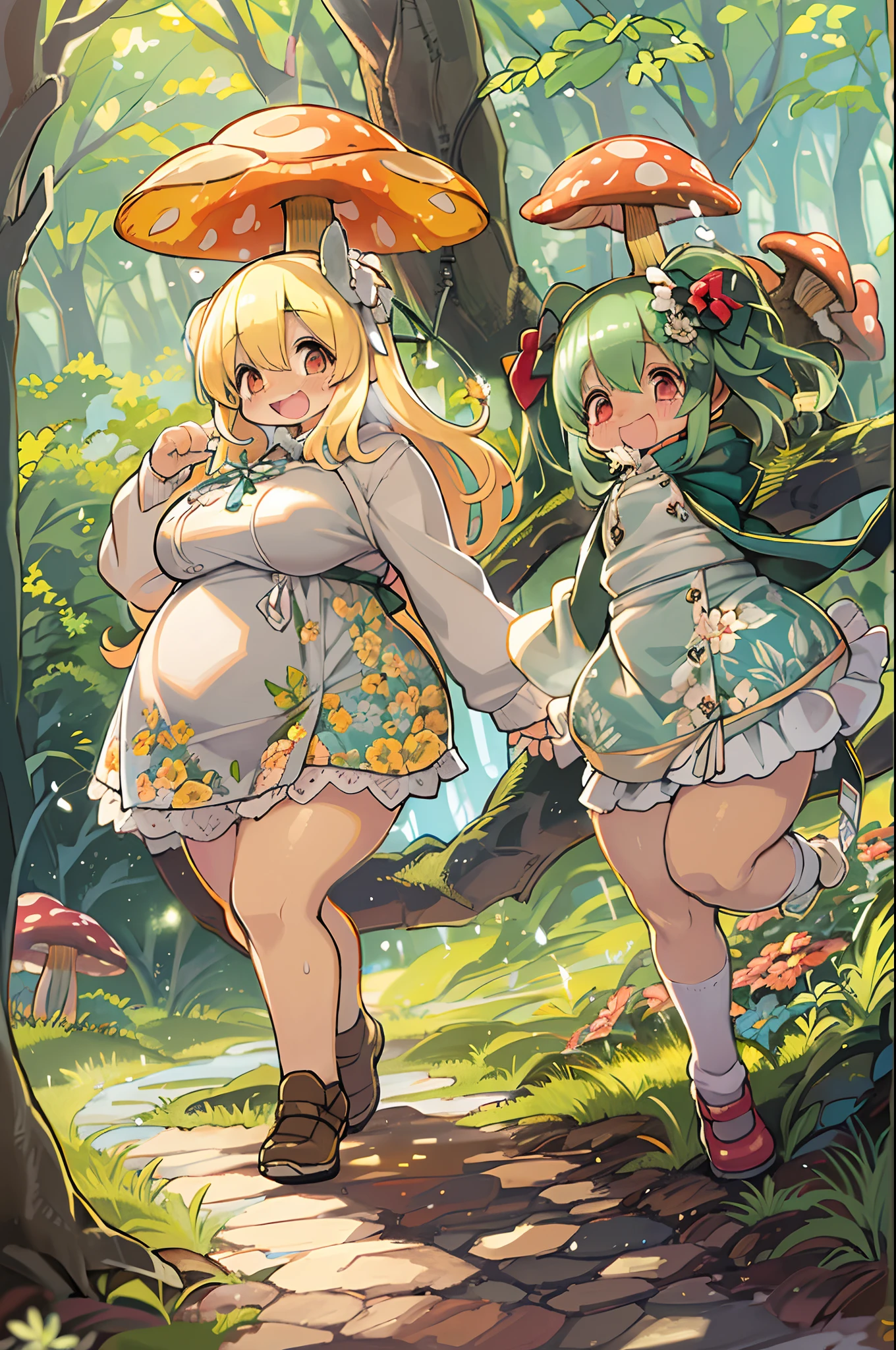 eyesight, (Three tas: 2) Stable diffusion is the best image quality, morning sunlight, Spring landscape, Dew and flowers, flying hair, Live in a fairytale dreamland with mushrooms, trip, Running, and laughing. forest pathway,huge-breasted、bbw,Large Thigh