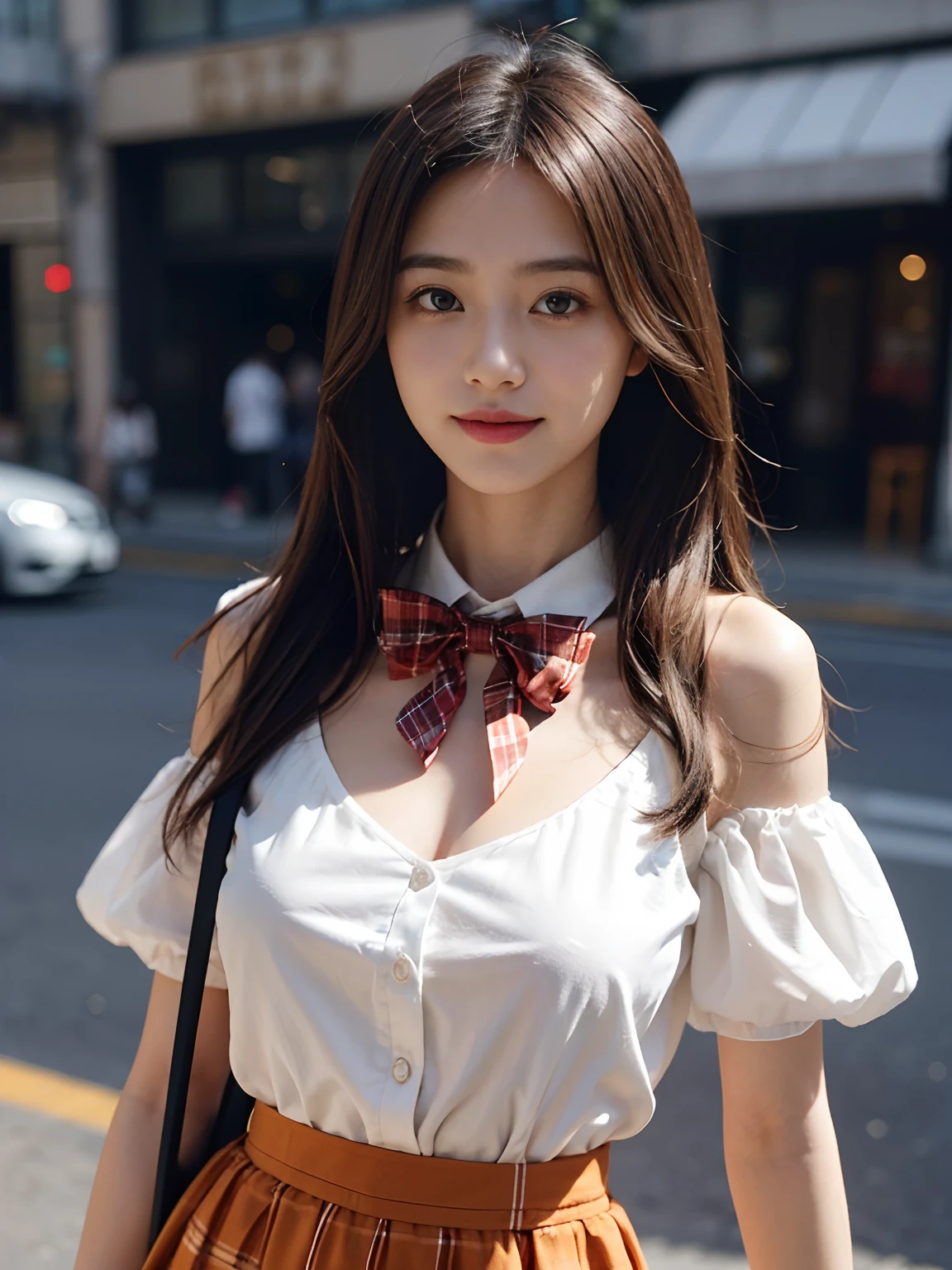 best qualtiy，tmasterpiece，超高分辨率，（真实感：1.4），RAW photogr，1girll，long whitr hair，Face Highlighting，Pure，Girly，Flushing，18yr old，18-year-old smiling female classmate，Pure，Innocent，（best qualtiy，8K，tmasterpiece:1.3），Goose egg face，largeeyes，long eyelasher，Exquisite（live-action realistic style），Star-like eyes，Ultimate face，Photorealistic light and shadow，Clear facial features，Milky white skin，Fair skin， highdetailskin， Realistic skin details， Visible Pore，（Super detail），（perfect bodies：1.1），long whitr hair，（dynamicposes），((Dynamic background((volumettic light：1.3))，Pale orange plaid skirt，huge tit，White color blouse，Red plaid bow tie，Street photography，Small shoulder bag