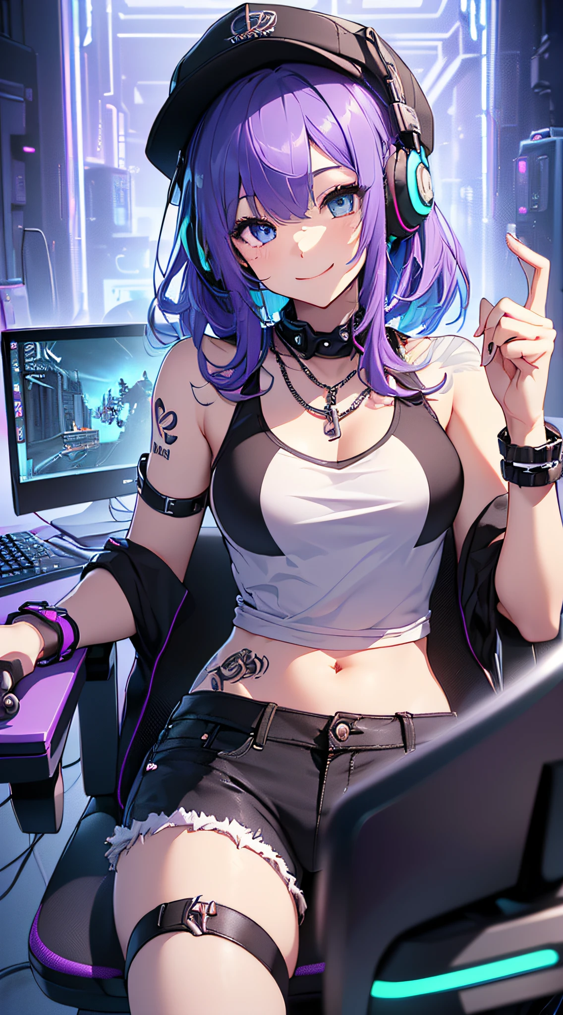 top-quality、Top image quality、​masterpiece、girl with((18year old、Cool hat、Tattoo on the right shoulder、Black Navel Tank Top、White shorts、Best Bust、Bust 85、Purple hair、Longhaire、Blue eyes、open chest wide、Happiness、Chain Accessories、Black wristband on wrist、sit a chair、A slender、A smile、Have a controller、sexypose、gaming headphone、Leaning forward to the viewer)）hiquality、visualart、Magazine cover style、Background with((Neon colored room、Gaming PC、Gaming Desk、Gaming Chair、Gaming bed、gaming console))、masutepiece、Depth(ciber)