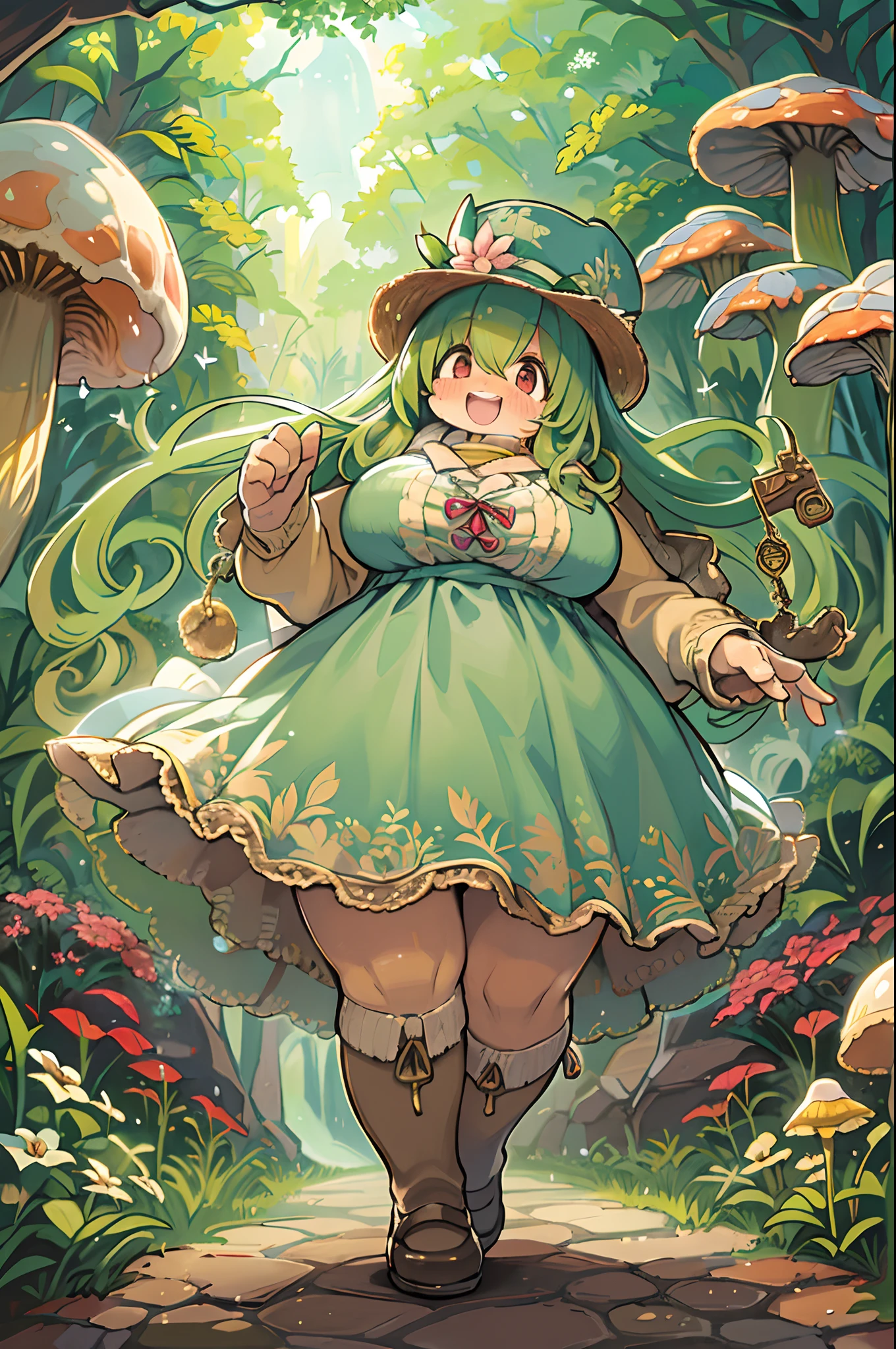 eyesight, (Three Lolitas: 2) Stable diffusion is the best image quality, morning sunlight, Spring landscape, Dew and flowers, flying hair, Live in a fairytale dreamland with mushrooms, trip, Running, and laughing. forest pathway,huge-breasted、bbw,Large Thigh