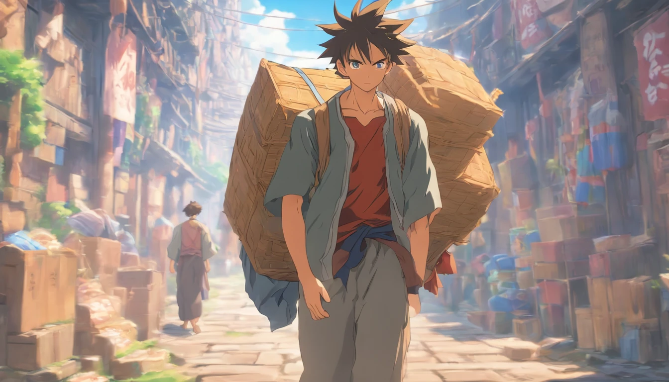 Poor man carrying goods, Exhausted but determined, Symbol of hard work, Traditional labor, Close-up shot, The Struggle of a Dreamer