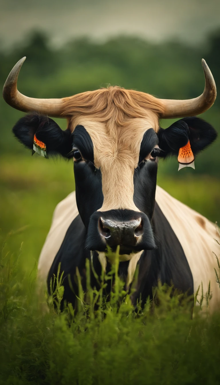 Cows in the zodiac,The horns are patterned,There is the aura of the Holy Spirit on his body,Surrounded by fairy mist,On green grass,strong,Standing tall,mito,fantasy,Very mysterious
