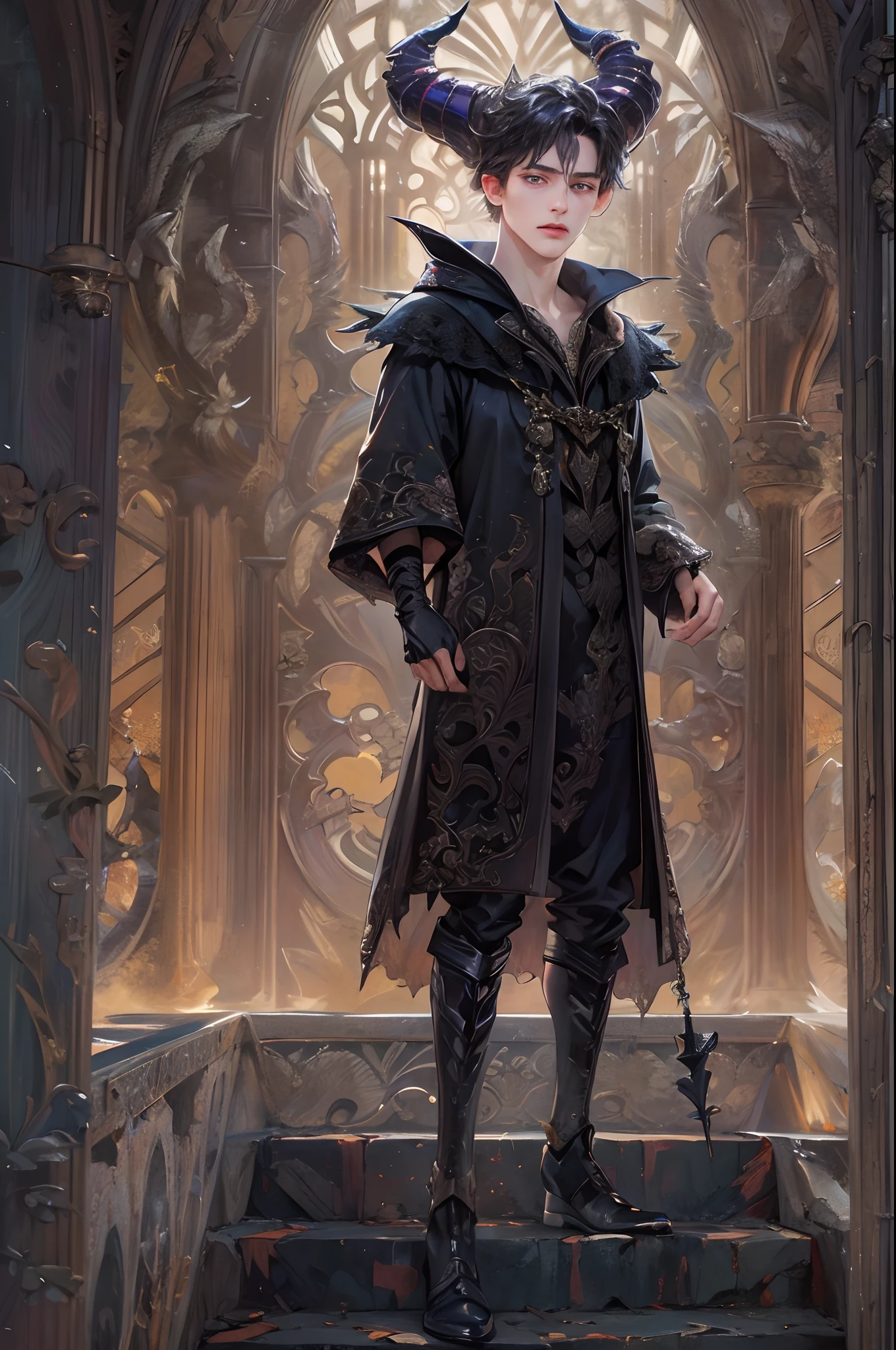 (absurdres, highres, ultra detailed, HDR), masterpiece, best quality, 1 boy , maleficent movie, boy character ,short hair, handsome face, anime eyes,detailed interior, detailed character