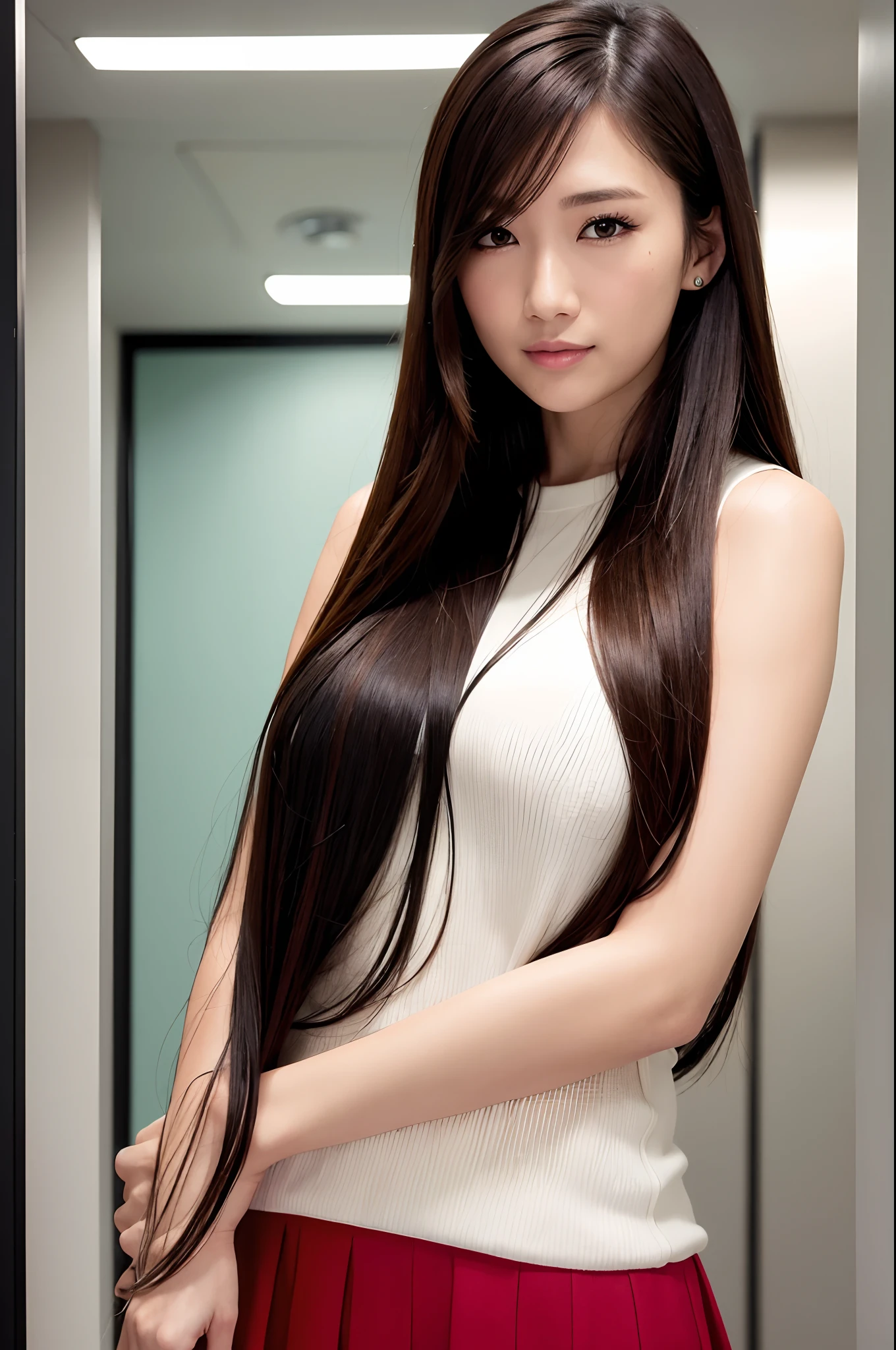 (Her back is completely against the wall、Standing in a graceful pose, To the viewer.) (((Her hair is very long and straight, Up to the waist.))) (One Japanese woman, 24 years old) ((highest quality)), ((masterpiece)), (be familiar with), perfect face (Highly detailed 8K), (highest quality) (Stable diffusion model) dynamic lighting (Her hair is very shiny, shiny, Fine and detailed.、And as beautiful as silk) (Her hair is incredibly long, Her waist is long, And very straight.) (She is wearing pure white shiny lingerie.) (Her face is slim and dignified.., long slit eyes..々nice face) (Her bangs are neatly trimmed) There are white walls and a white bed.... professional lighting (She looks at the viewer with a shy smile)