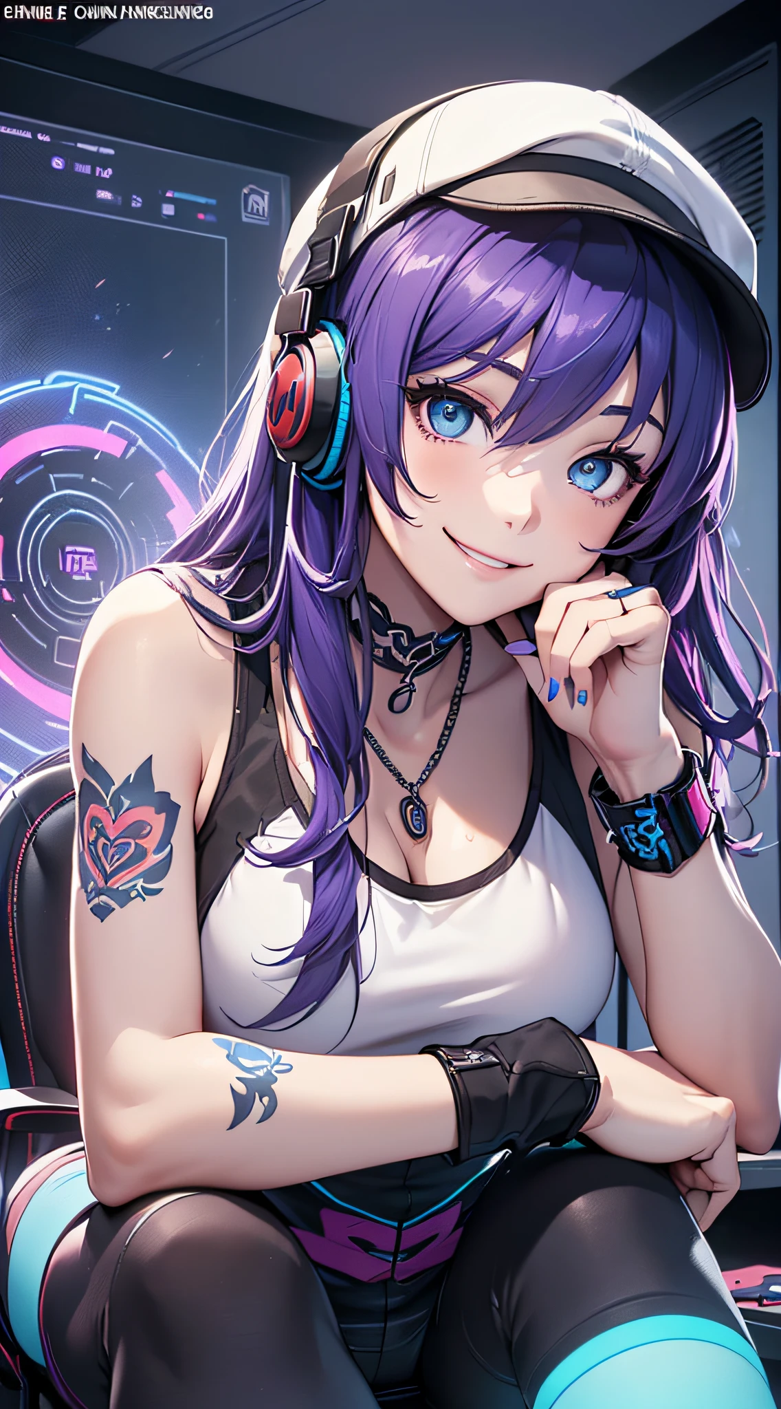 top-quality、Top image quality、masterpiece、girl with((18year old、Cool hat、Tattoo on the right shoulder、Black Navel Tank Top、White shorts、Best Bust、Bust 85、Purple hair、Longhaire、Blue eyes、open chest wide、Happiness、Chain Accessories、Black wristband on wrist、sit a chair、A slender、A smile、Have a controller、sexypose、gaming headphone、Leaning forward to the viewer))hiquality、visualart、Magazine cover style、Background with((Neon colored room、Gaming PC、Gaming Desk、Gaming Chair、Gaming bed、gaming console))、masutepiece、Depth(ciber)