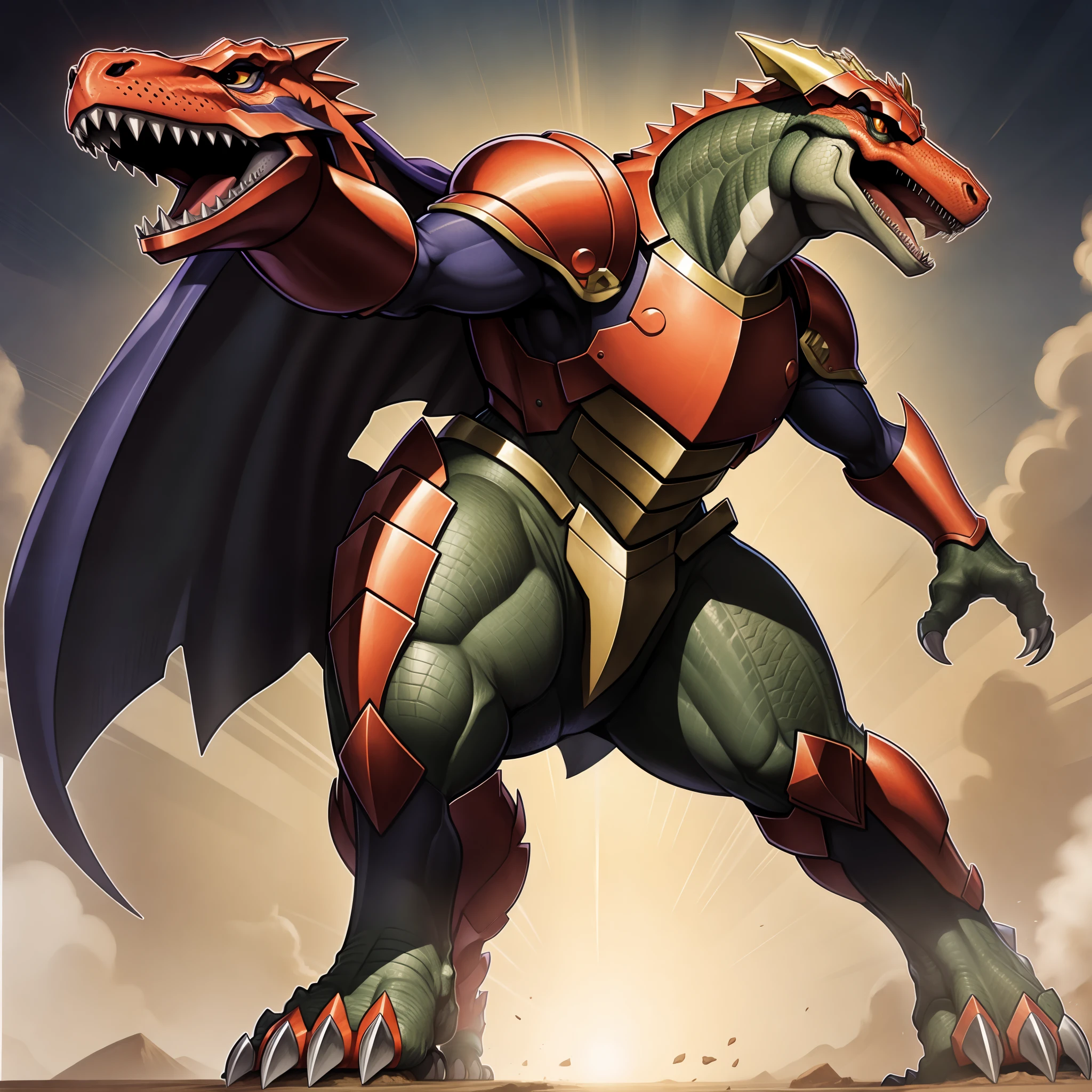villain, t-rex, monster, metal hero, dinosaur, saurian, clothed, armored, anthro, cape, standing, solo focus, edgy