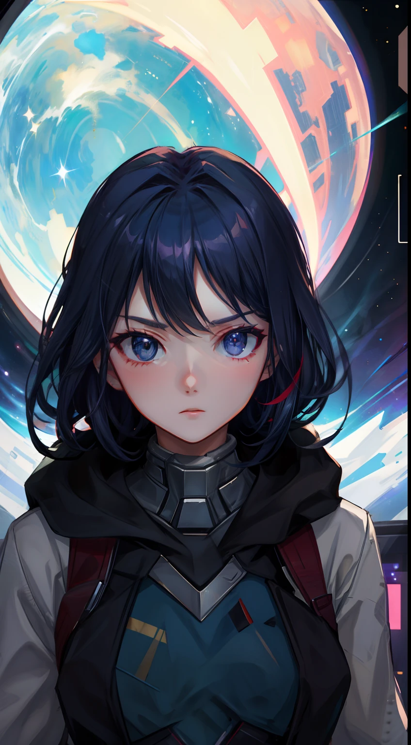 1 girl, upper body, single focus, lethal assassin, Gamora-inspired attire, fierce warrior, (interstellar battles: 1.4), (daughter of Thanos: 1.3), assassin's features, determined aura, [depth of field, ambient lighting, intergalactic battleground foreground, cosmic conflicts], Lethal Assassin Gamora, fierce warrior, interstellar hero, (Godslayer sword), (Nebula's rivalry: 1.2), intricate details, enhanced lighting.