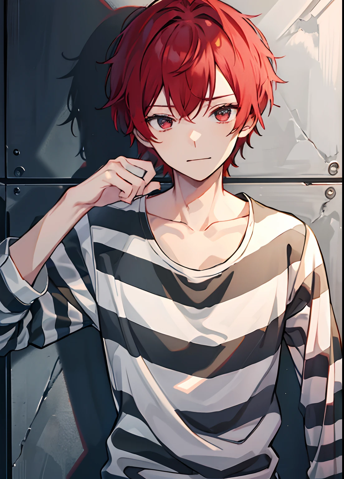 (in 8K、topquality、tmasterpiece:1.2)、1 boy、Skinny macho、pretty eyes, Little, Cute, beutiful、Low, cuteface, Student, Upper torso, Short copper hair, in a hospital gown, sits on the floor, beaten, Chained, torture, Unhappy, crying, teardrops, face in splashes of red paint, puddles of red paint on the floor