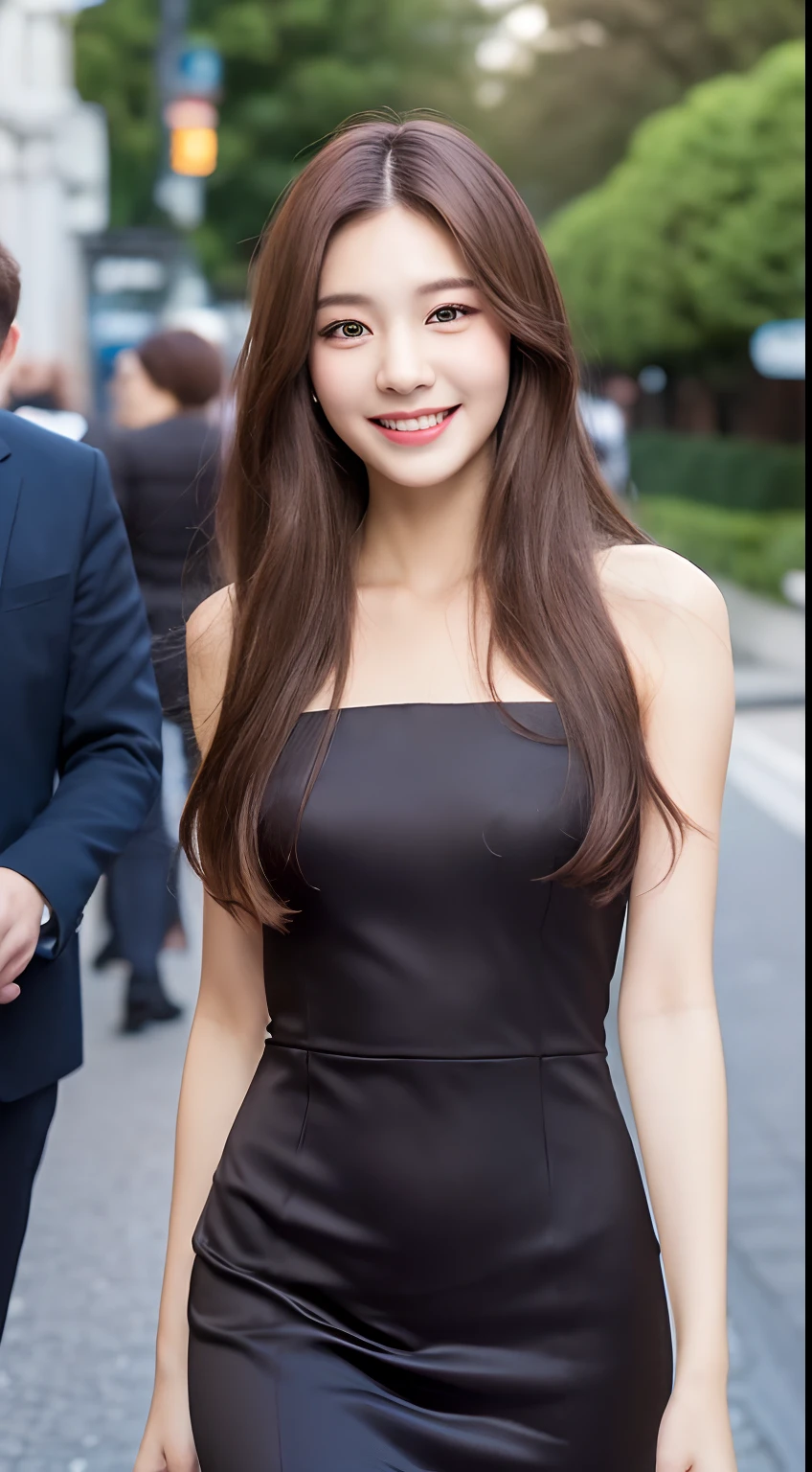 ((best quality, 8K, masterpiece :1.3)), 1 Girl, Smile, whole body, Thin face, pretty Woman, (Dark brown hair), Full length dress :1.1, Ultra-fine face, Delicate eyes, Double eyelids, Blurred Background, Thin face, City, external, street,