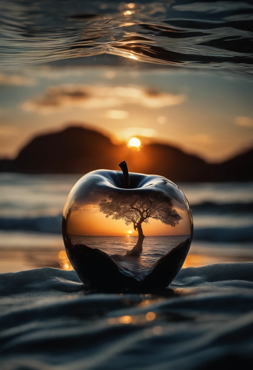 lovely double exposure image by blending together a sunset at the sea and a glass apple. The sea should serve as the underlying backdrop, with its details subtly incorporated into the glossy glass apple, sharp focus, double exposure, glossy glass apple, (translucent glass figure of an apple) (sea inside) lifeless, dead, glass apple, earthy colors, decadence, intricate design, hyper realistic, high definition, extremely detailed, dark softbox image, raytracing, cinematic, HDR, photorealistic (double exposure:1.1)