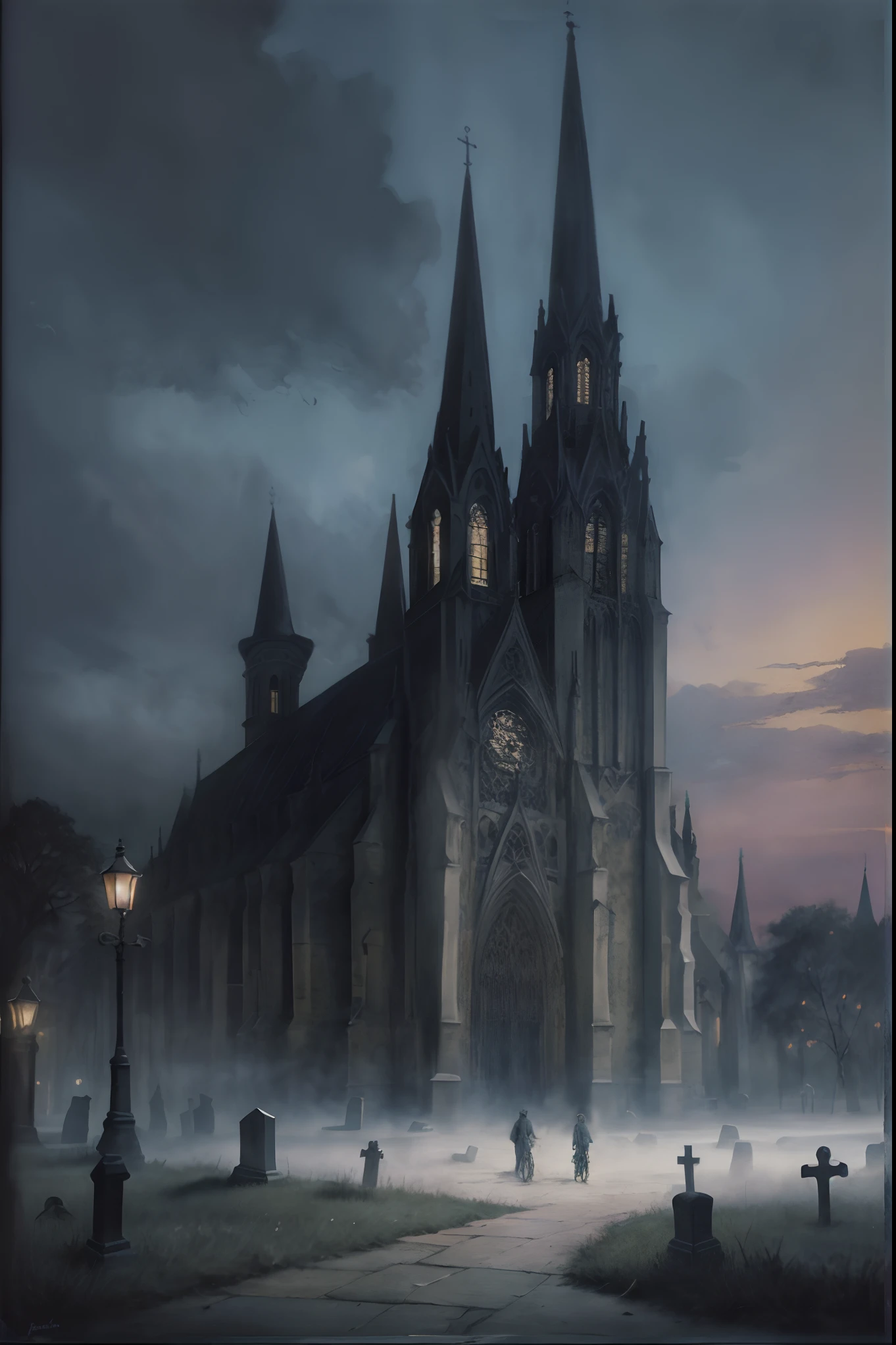 There is a painting of a Gothic church with a clock on it, gothic atmosphere, Dark Gothic cathedral, Gothic painting, cathedral, Gothic art, neo-gothic concept, Gothic Cathedral, Neo-Gothic art, with a cathedral background, Gothic church background, Gothic Fog, Detailed 3D Gothic Oil Painting, stefan koidl inspired, Dark Dark Church, gothic fantasy art, gothic art style,2boy,ride a bicycle