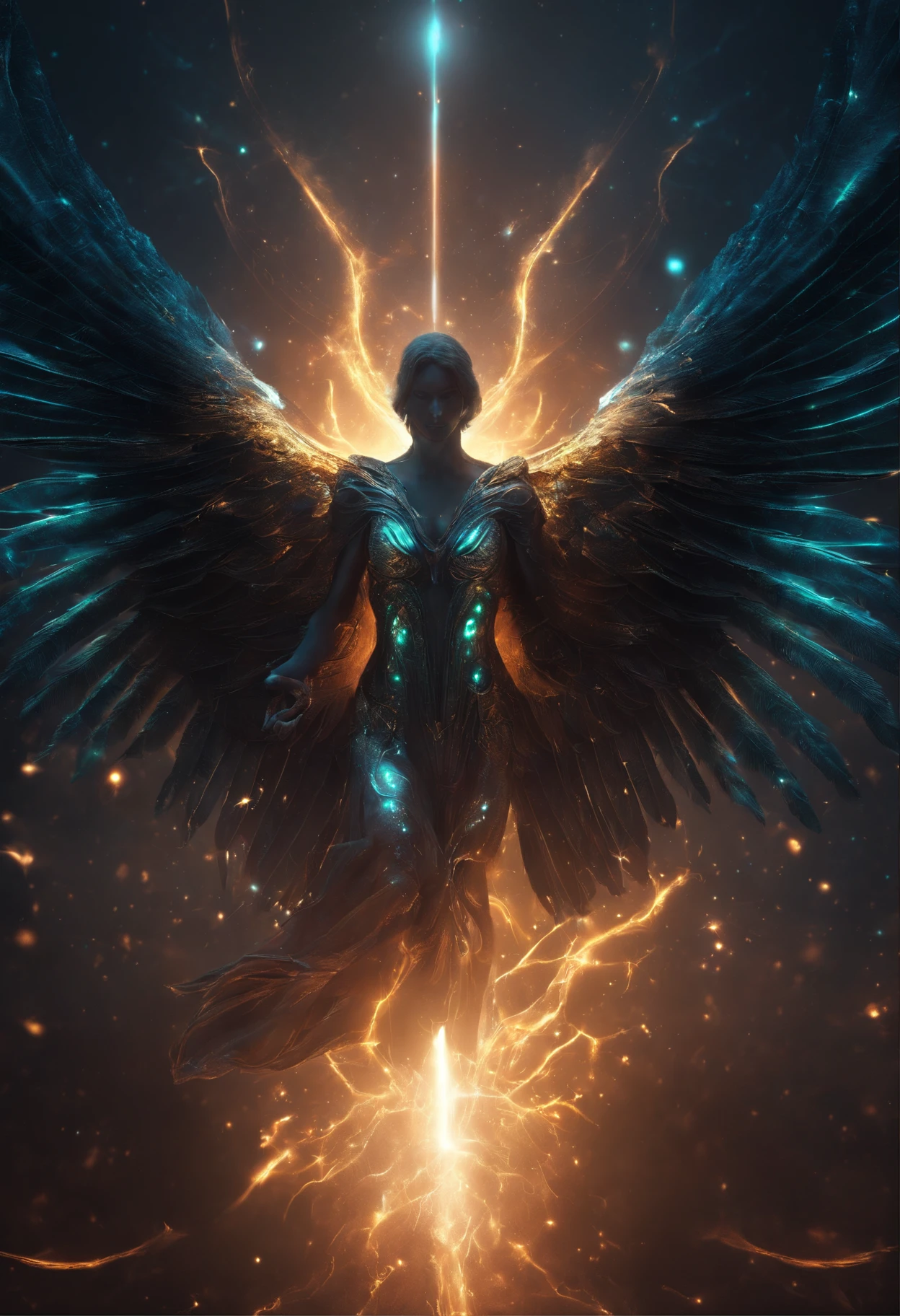 Cosmic Fallen Angel, glowing light eyes, Biomechanical, eerie, Creepy, nightmarish, Very bright colors, Light particles, with light glowing, Mshiv, wallpaper art, UHD wallpaper