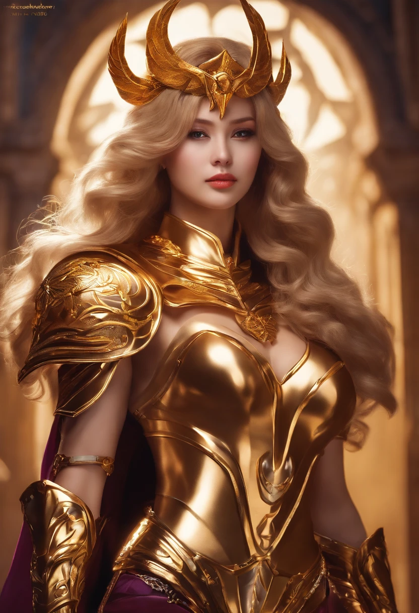 (1 girl), full bodyesbian,Saint Seiya Armor, Wearing the golden armor of an Aries,sexy armor, Detailed armor pattern,Bling armor,Gorgeous Hair in Long Purple,Plump breasts,gigantic cleavage breasts:1.6, Long hair,Shiny skin:1.4,primitive,tmasterpiece,ultra fine photos,,best qualtiy,超高分辨率,Photoreality,rays of sunshine,full-body portraits,stunningly beautiful,,dynamicposes,delicated face,Vibrant eyes,(seen from the side),Red and gold color scheme,Very detailed stone temple background,detailed face with,Detailed and complex busy background,Untidy,opulent,Highly detailed skin,Realistic details of skin,Visible Pore,tack sharp focus,volume fog,8K UHD,digital SLR camera,high qulity,filmgrain,White skin of the,photo-realism,DL, look from down, semi transparent