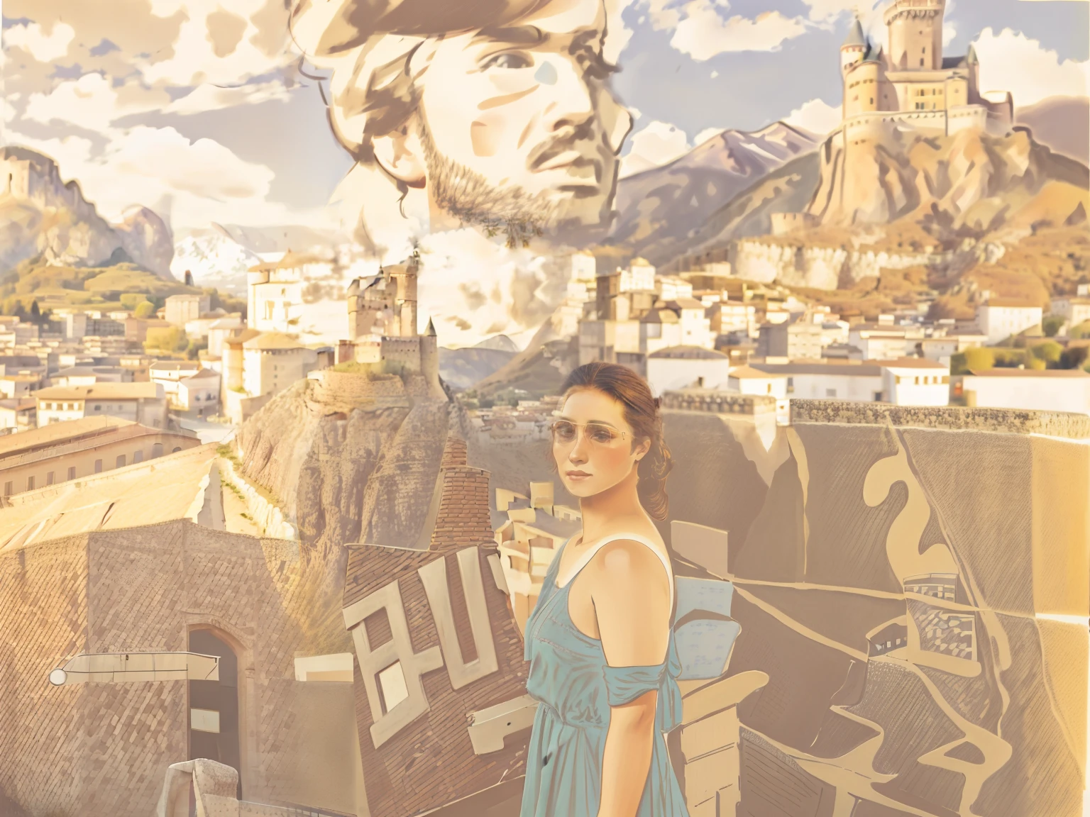 there is a woman standing on the street corner with a suitcase, with mountains in the background, with a castle in the background, with mountains in background, standing in a city center, town in the background, in spain, ruins in the background, moutain in background, hills in the background, ( castle in the background ), cathedral in the background