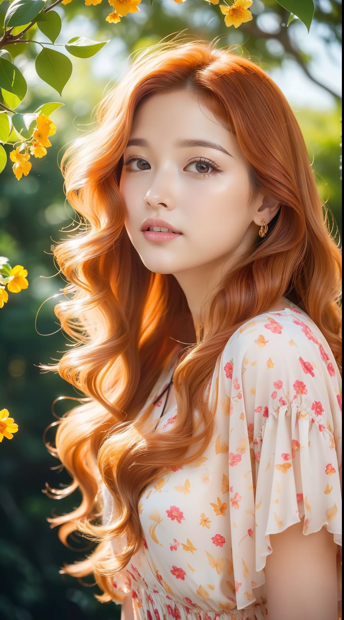 (Best quality,high resolution,Ultra-detailed:1.2),Beautiful golden to red gradient wavy curls fluttering in the breeze, Vibrant flowers in the background of the park, Close-up shot,