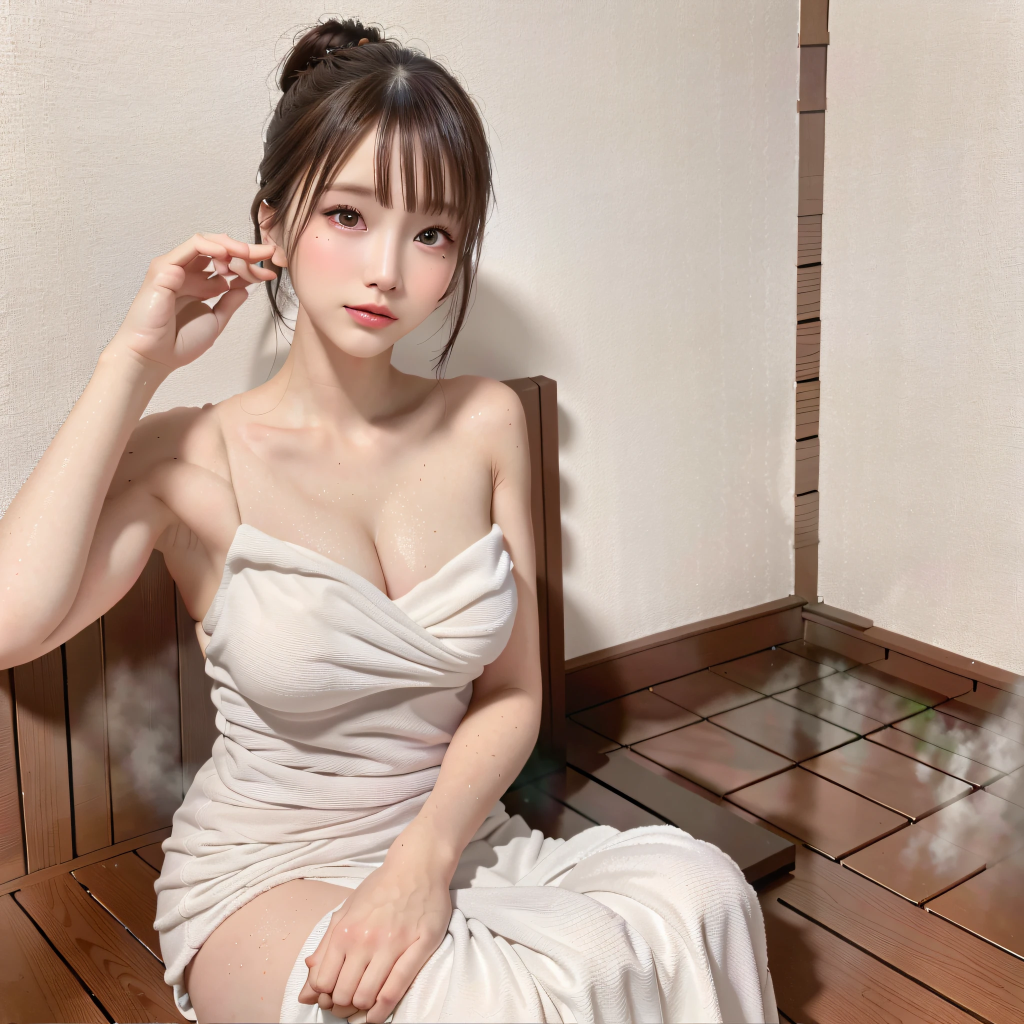 ((Top Quality, 8k, Masterpiece: 1.3)), Beautiful Woman, 1 Woman, small breasts:1.3, Slender Figure: 1.1, Toned Abs, Dark Brown Hair, (sauna, Wet Body), (white big size towel dress strapless:1.1, off shoulders), Ultra Detailed Face, Detailed Lips, Detailed Eyes, Double Eyelids、Bun hair, sitting on