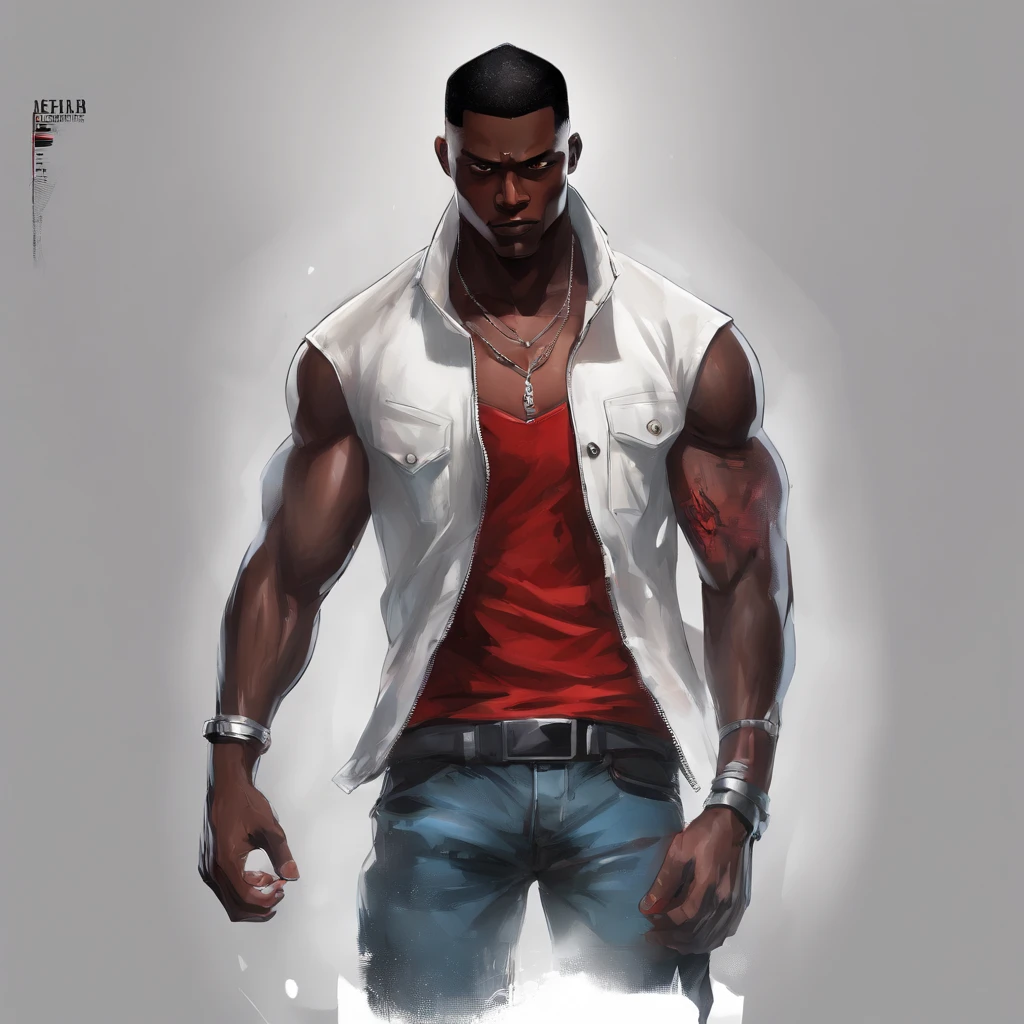 realistic style, masterpiece, best quality, 8k, artstation, sharp focus, ultrarealistic, high details,
black skinned, street thug, A black ager, character, very tall, muscular, with short hair, brown eyes, he has disproportionately large and scarred arms. He has a burn mark in the left side of his face. He wears a white tank top, unzipped leather jacket, blue jeans, dark sneakers and a silver necklace. He crossing his arms and smirking(((black:1.5, red:1.1, white:1.3)))